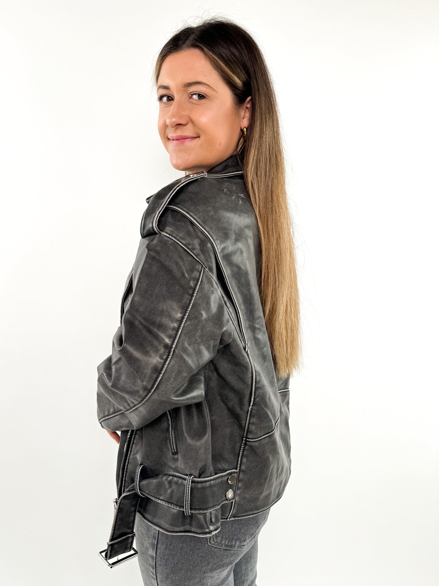 Leather Jacket - Grau / Schwarz