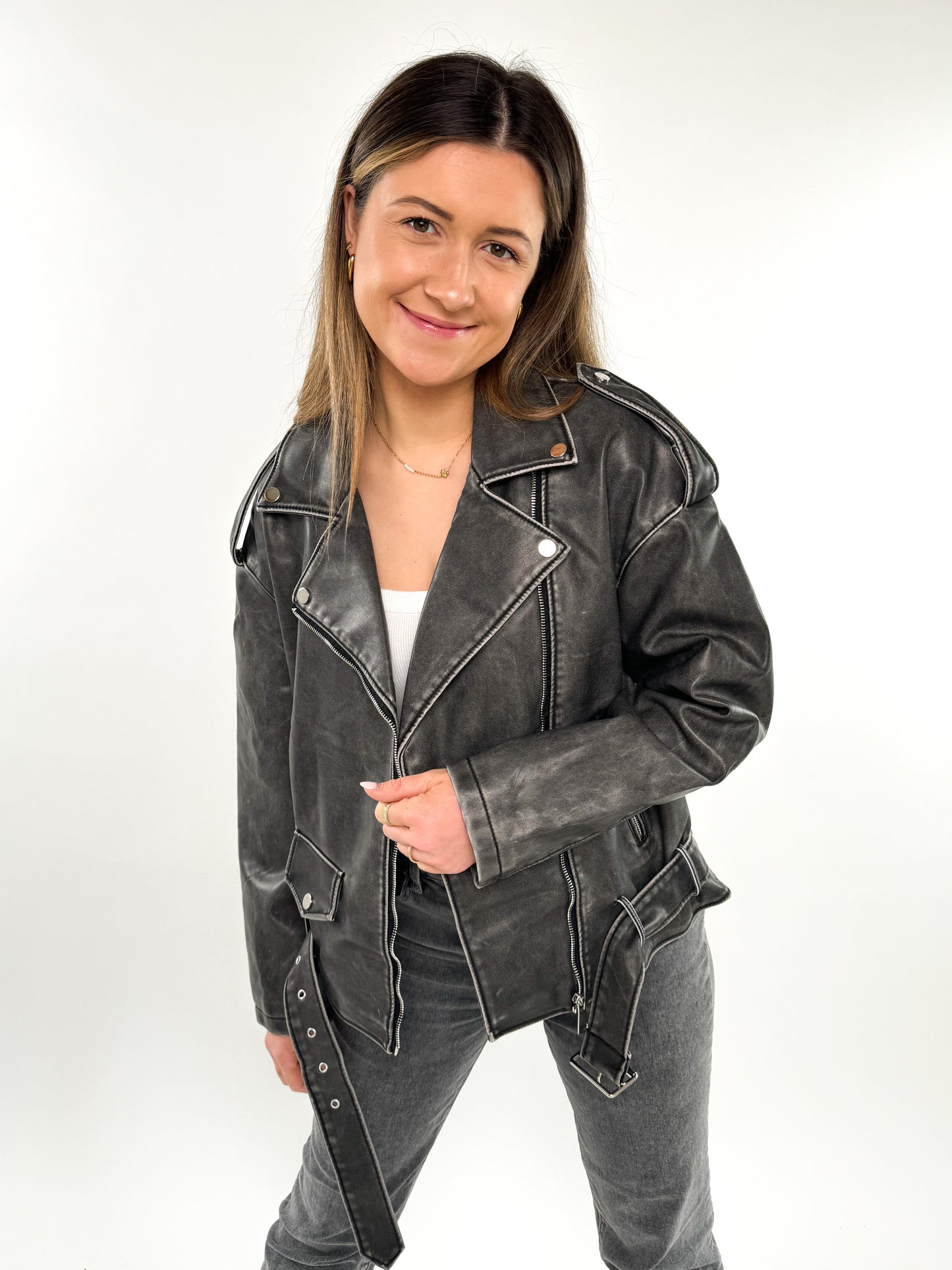 Leather Jacket - Grau / Schwarz