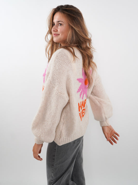 HAPPY VIBES Strickjacke - Creme