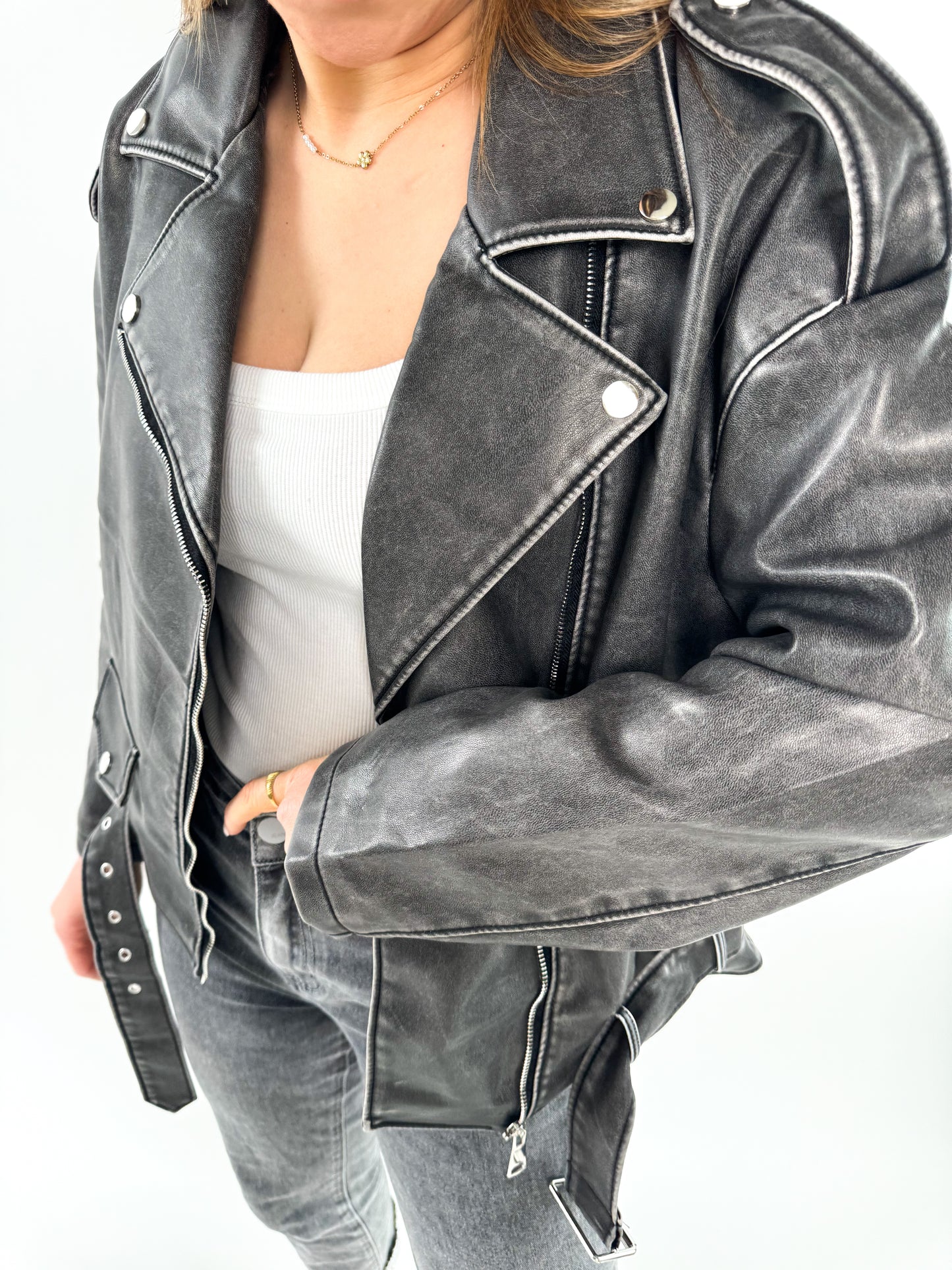 Leather Jacket - Grau / Schwarz