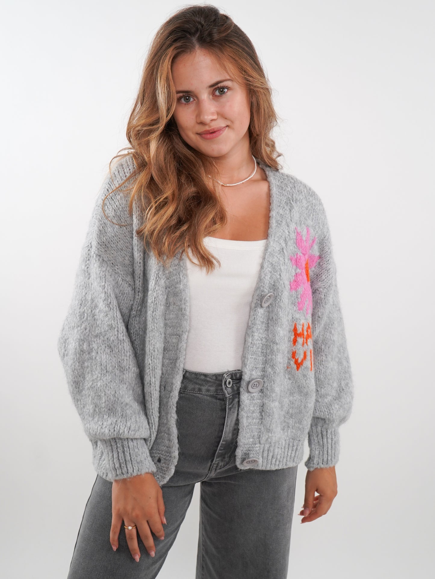 HAPPY VIBES Strickjacke - Grau