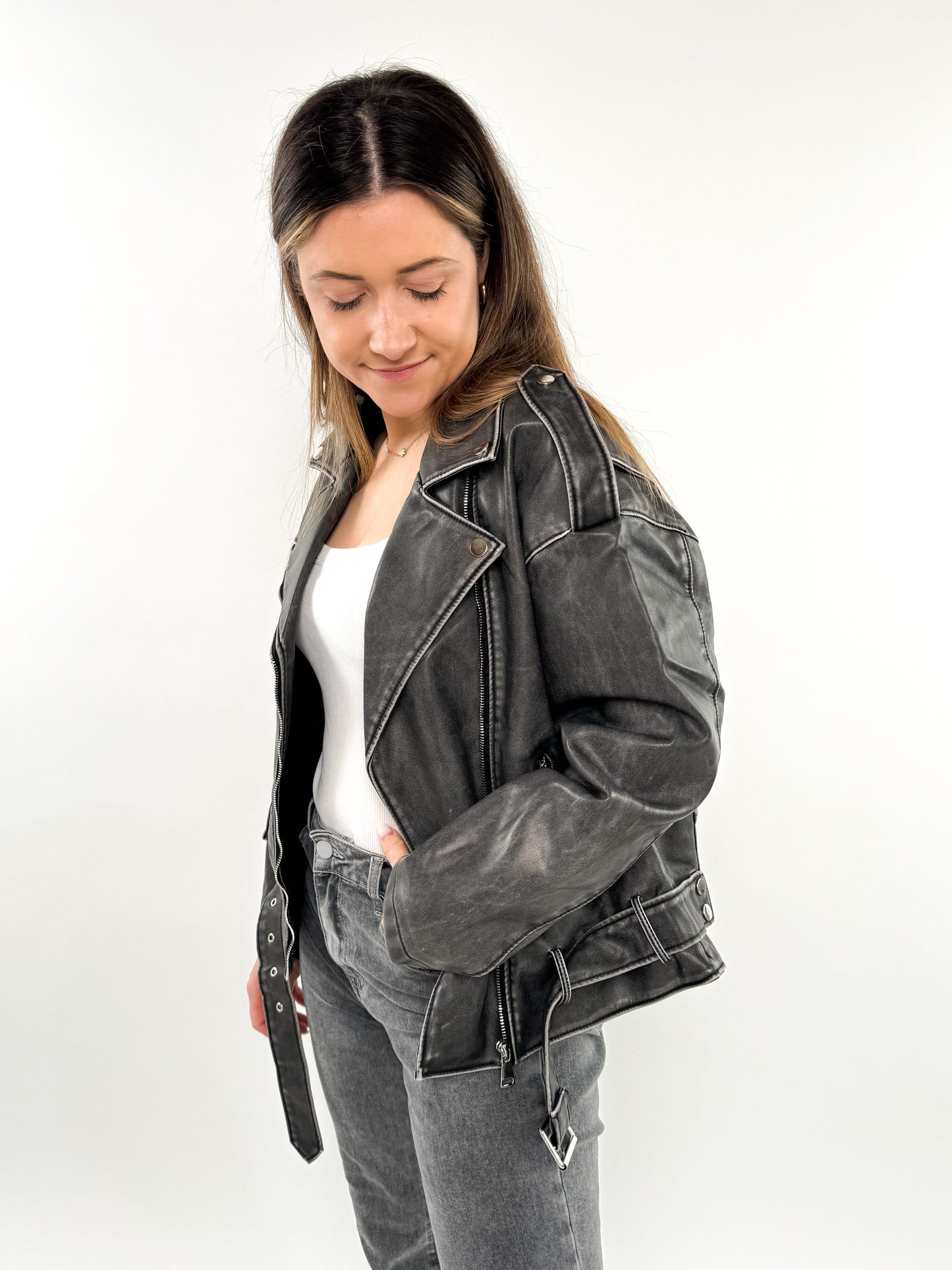 Leather Jacket - Grau / Schwarz