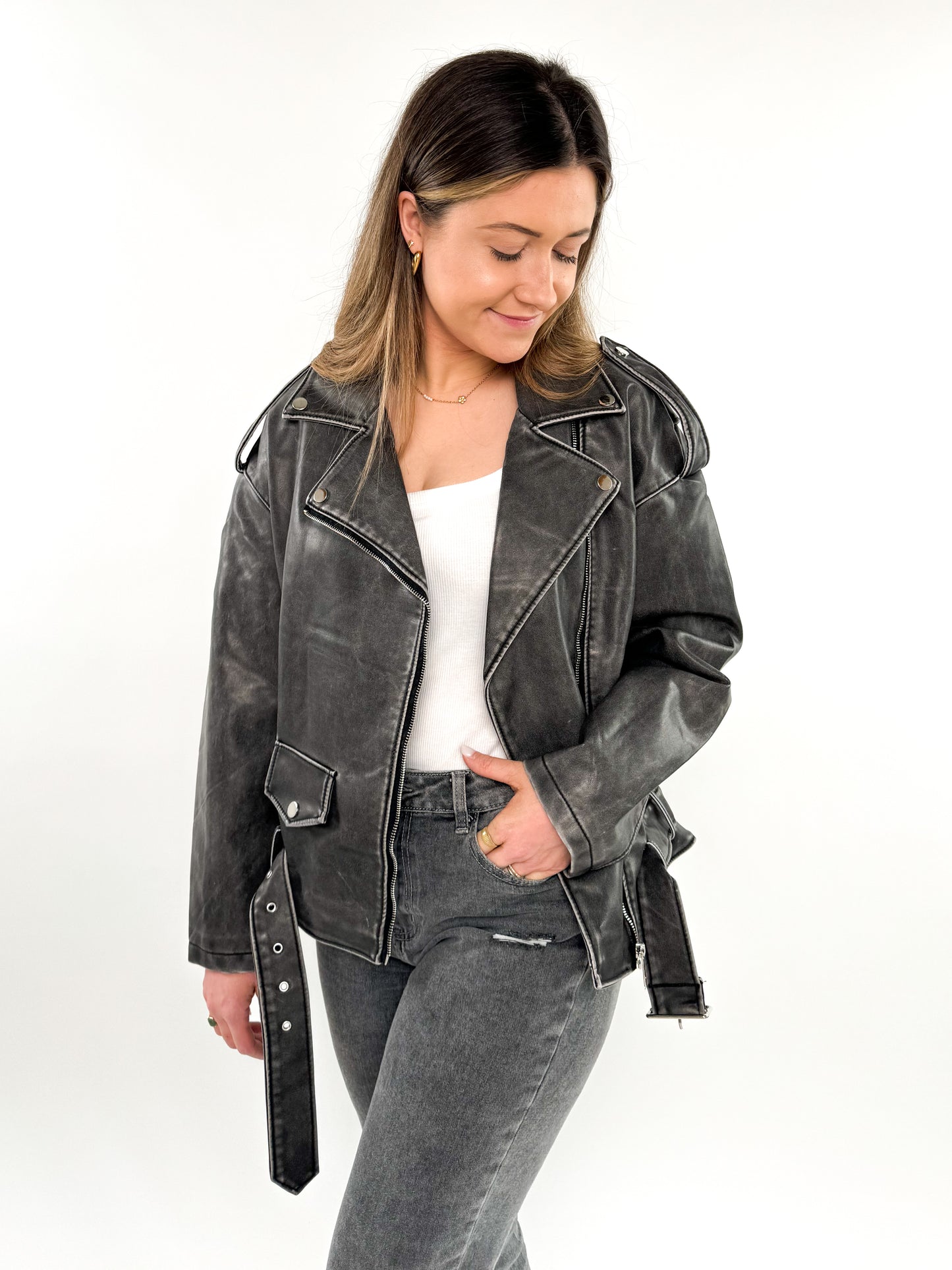 Leather Jacket - Grau / Schwarz