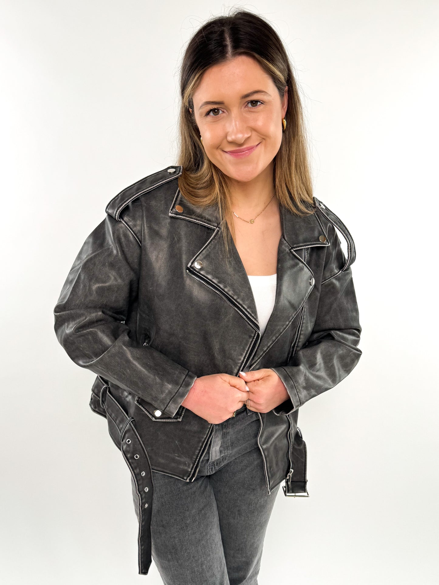 Leather Jacket - Grau / Schwarz