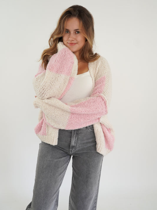 Knit Chessboard Cardigan - Rosa/Creme