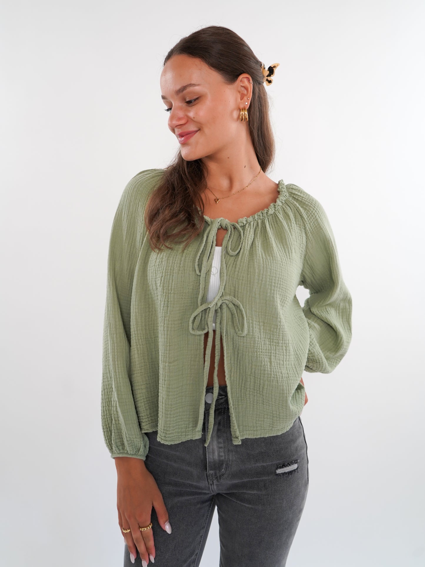 Musselin Bow Cardigan Mila - Khaki