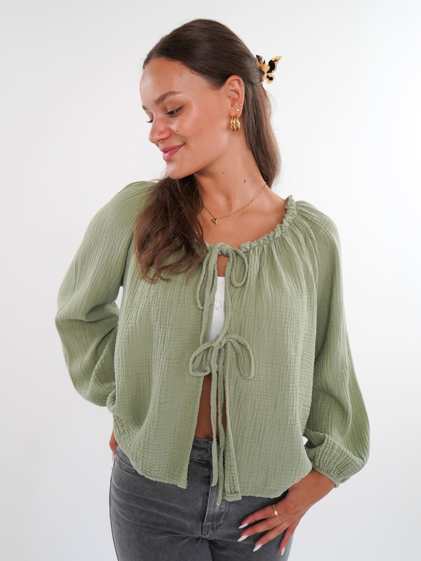 Musselin Bow Cardigan Mila - Khaki