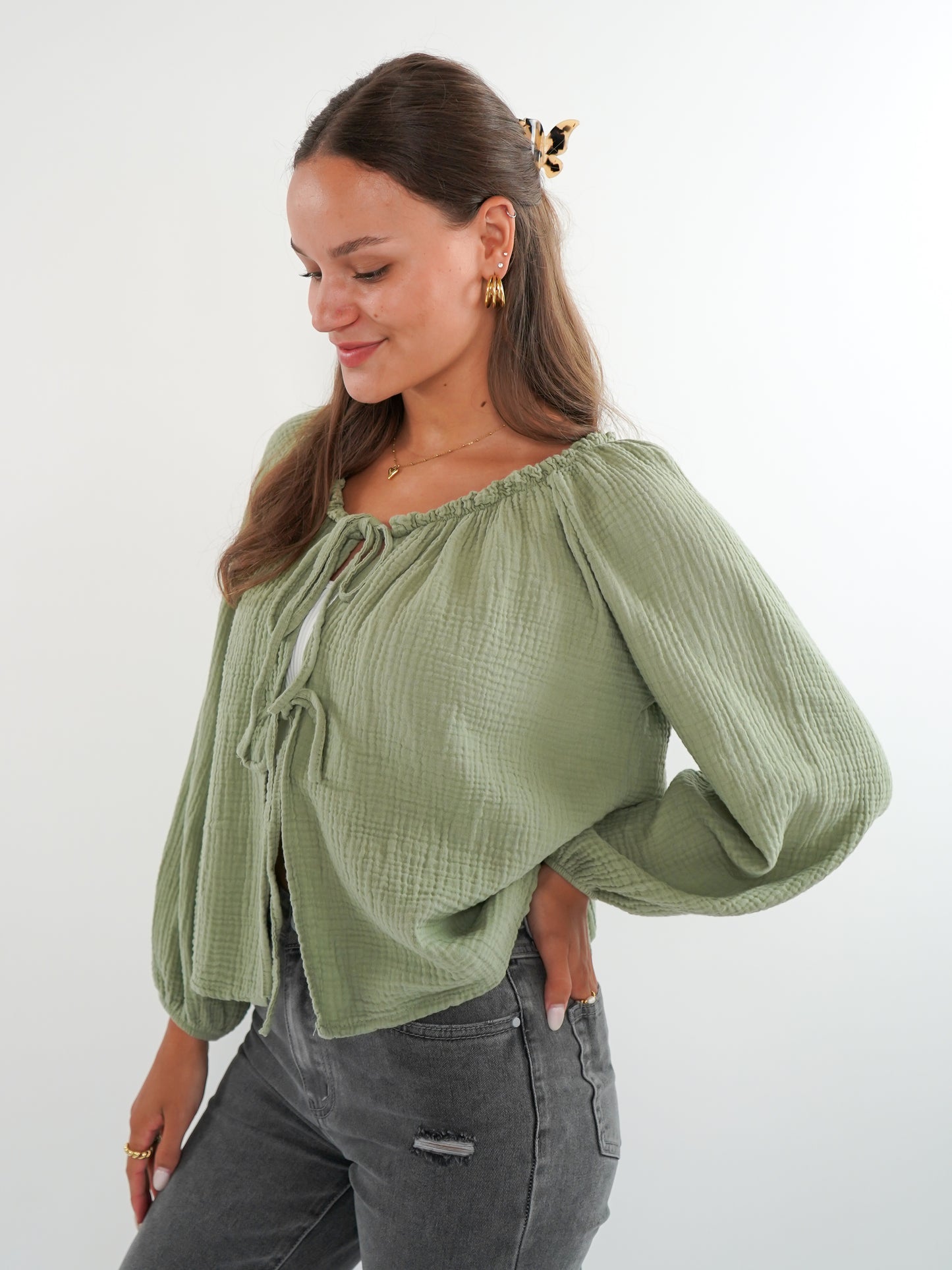 Musselin Bow Cardigan Mila - Khaki