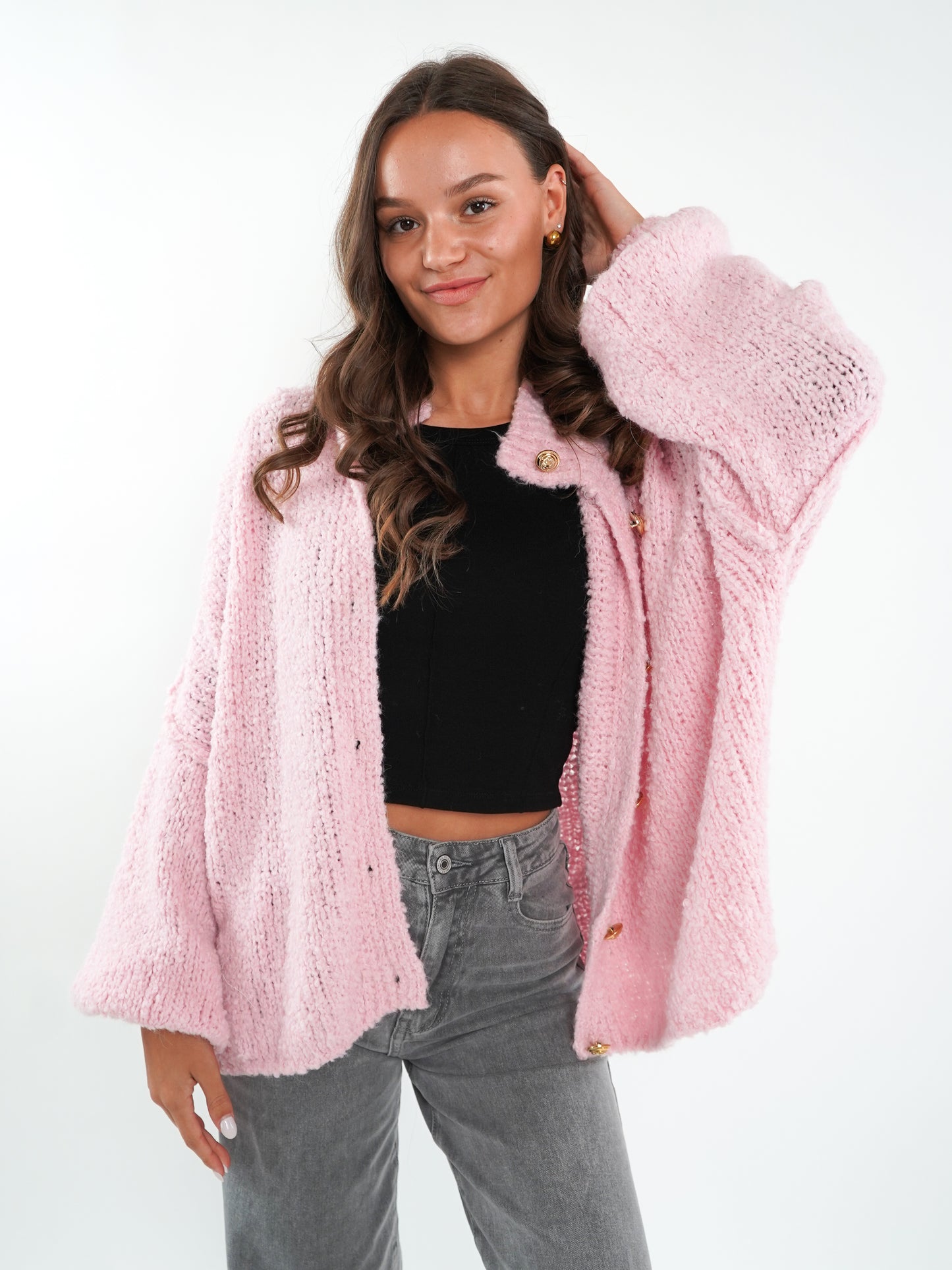 Bouclé Strickjacke mit goldenen Knöpfen - Rosa