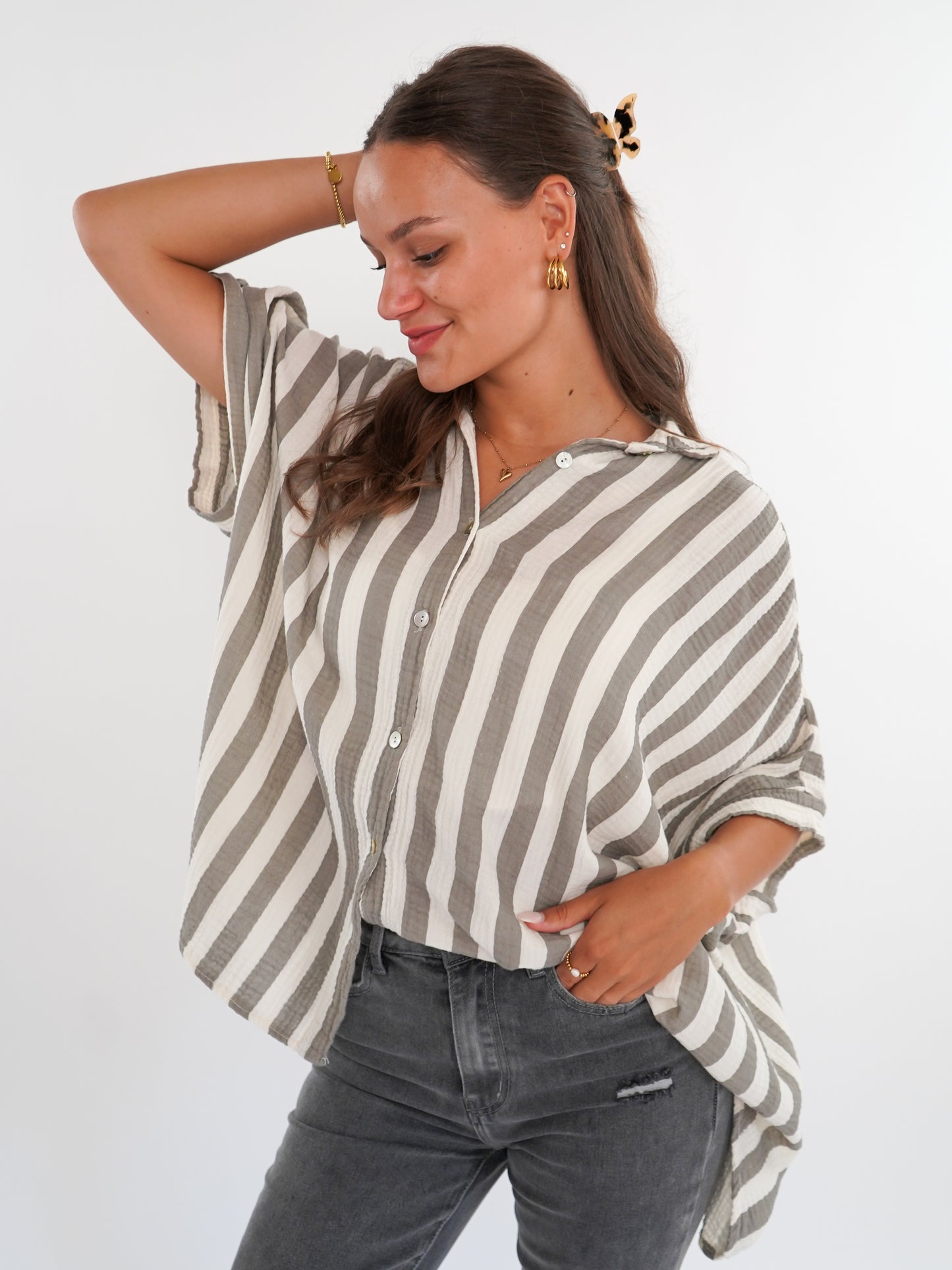 Musselinshirt Mara Stripes - Creme/Grau