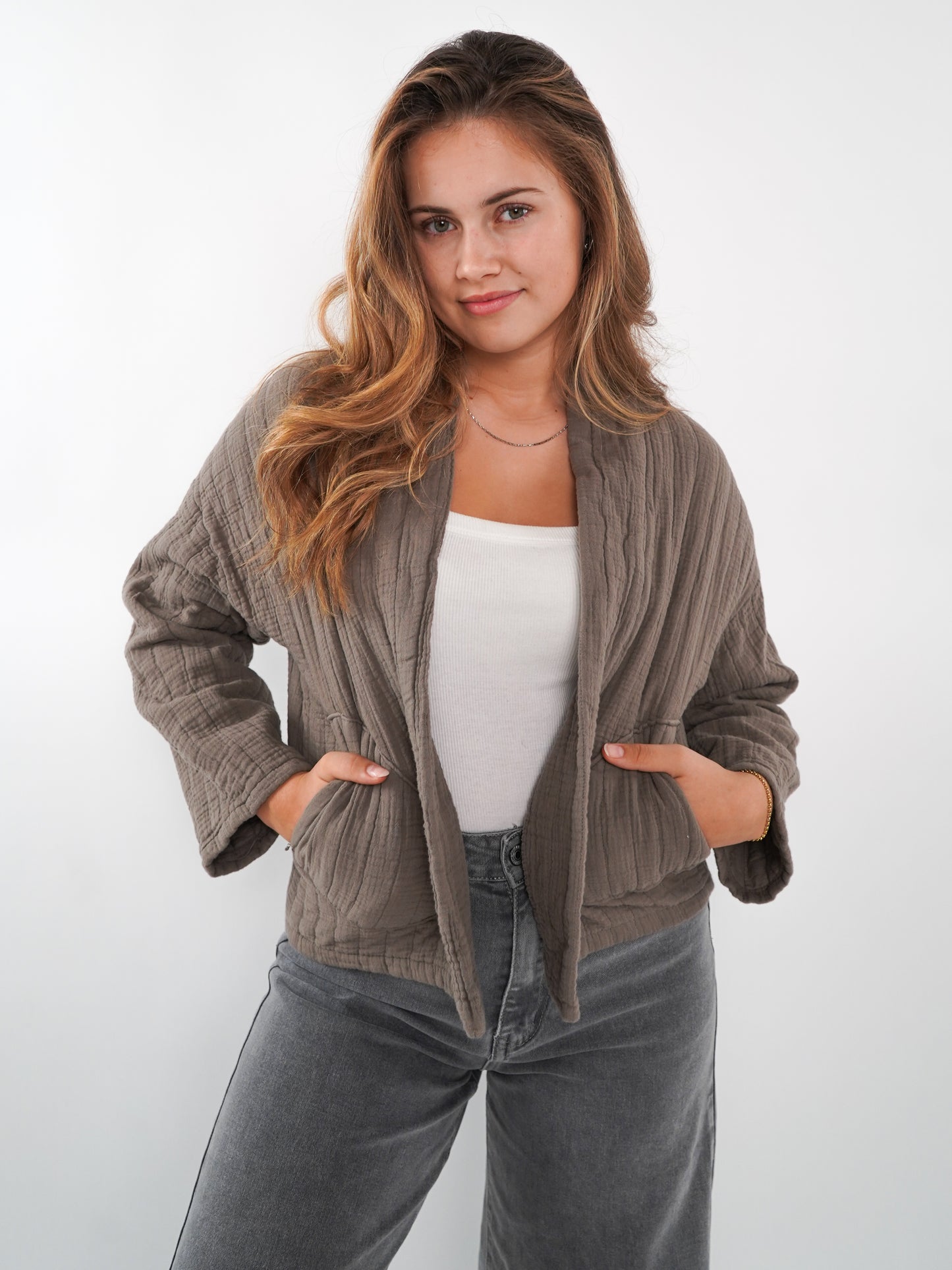 Musselin Steppjacke Valerie - Braun mit Grau