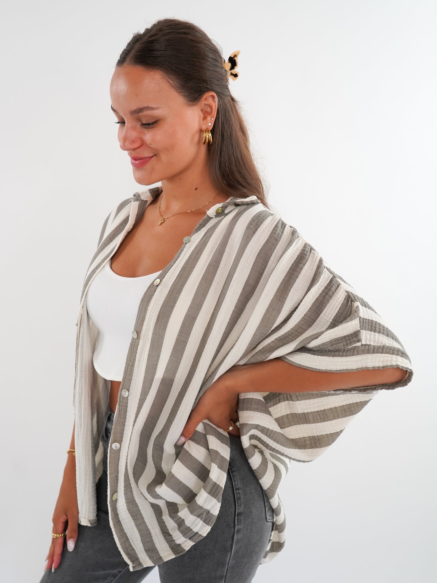 Musselinshirt Mara Stripes - Creme/Grau