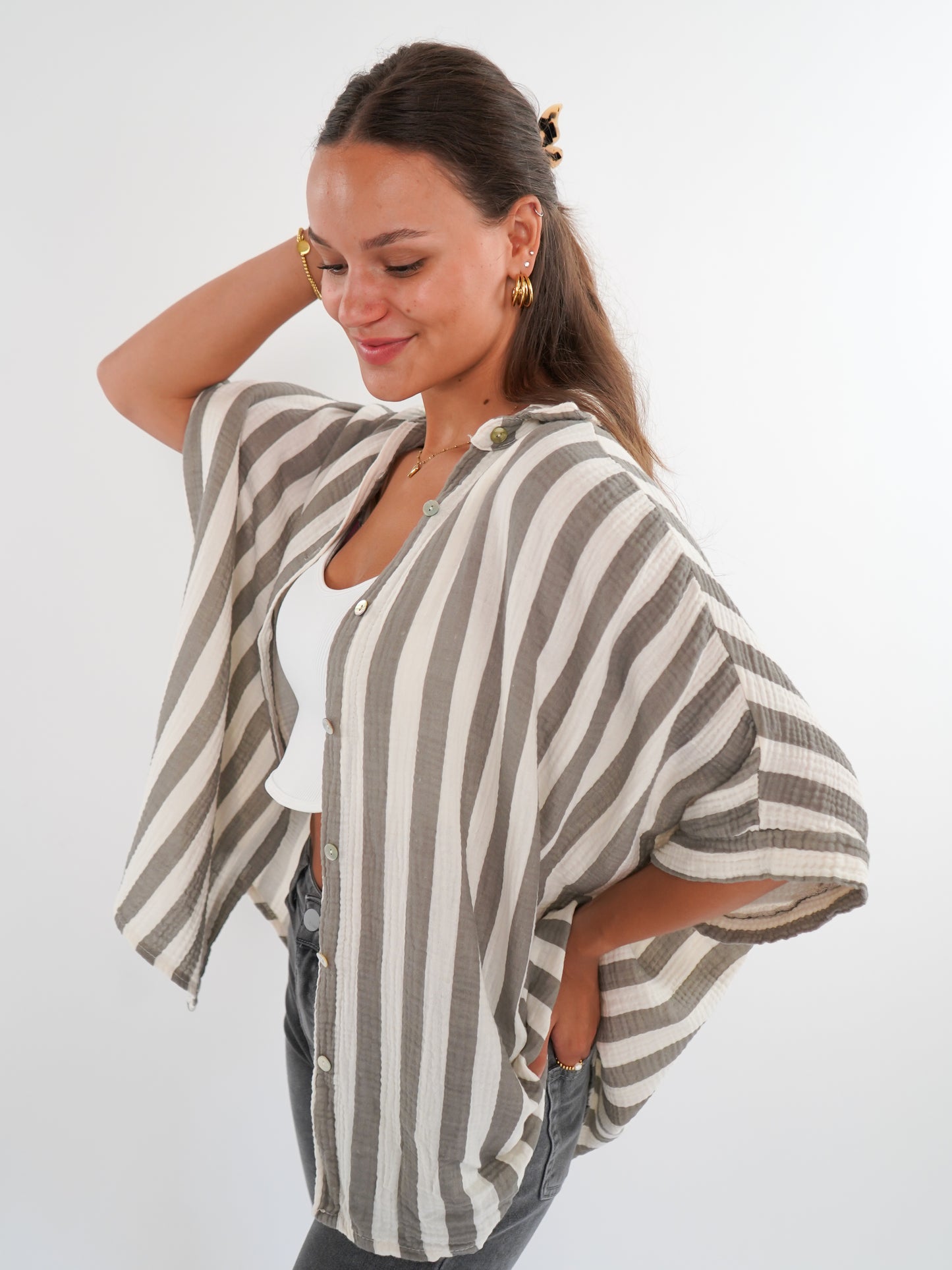 Musselinshirt Mara Stripes - Creme/Grau