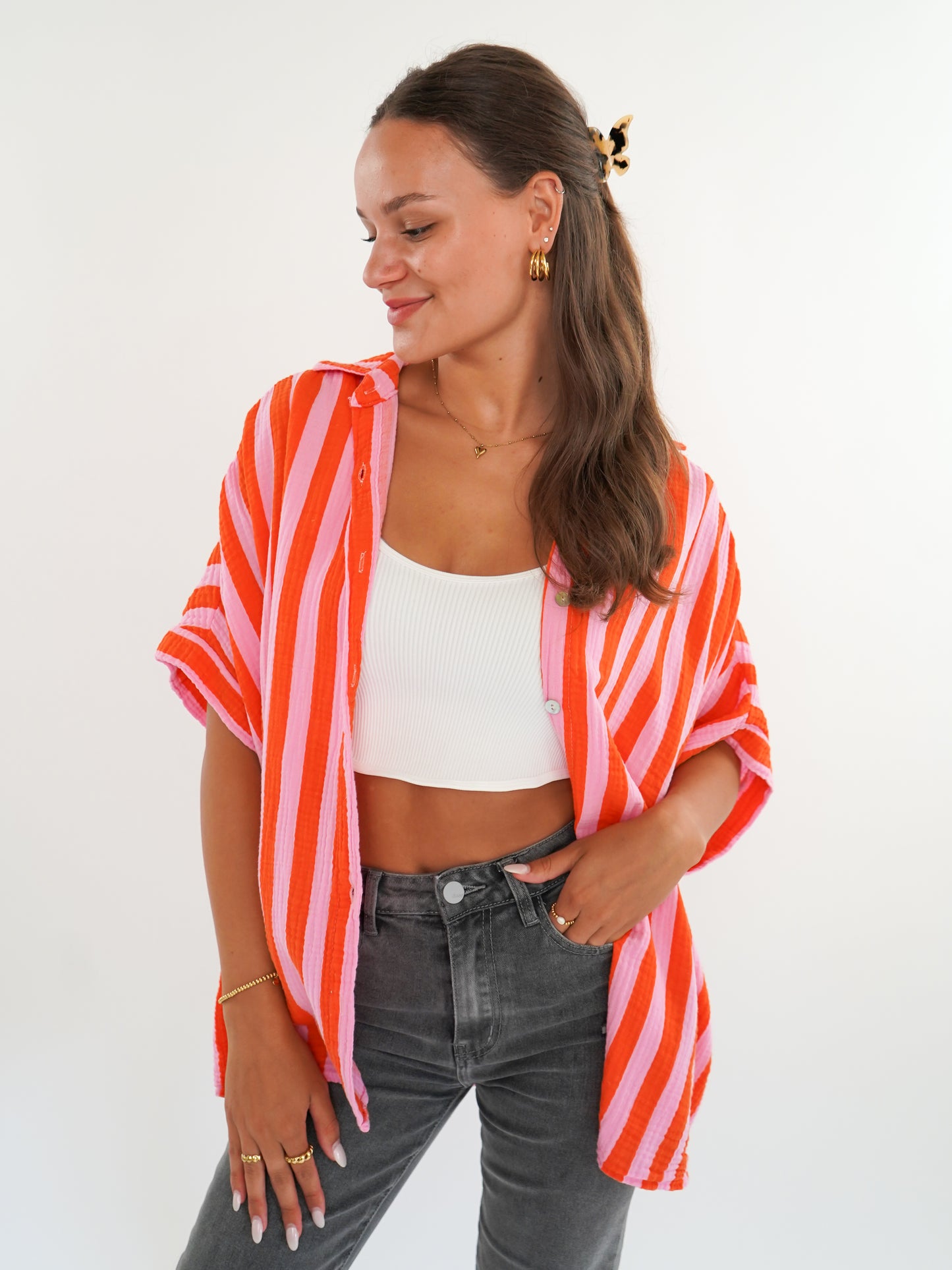 Musselinshirt Mara Stripes - Rosa/Orange