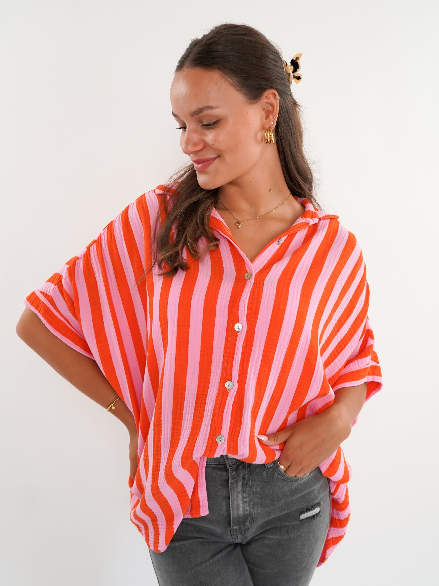 Musselinshirt Mara Stripes - Rosa/Orange