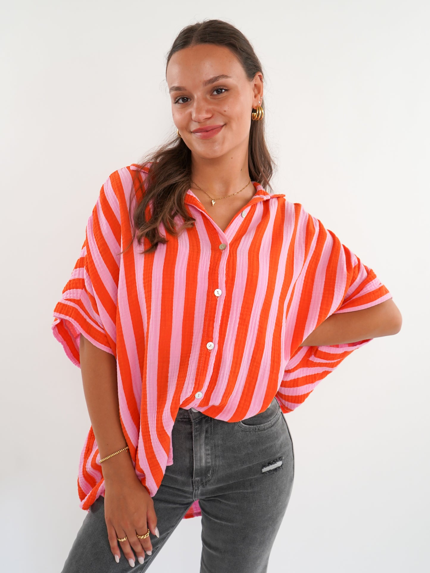 Musselinshirt Mara Stripes - Rosa/Orange