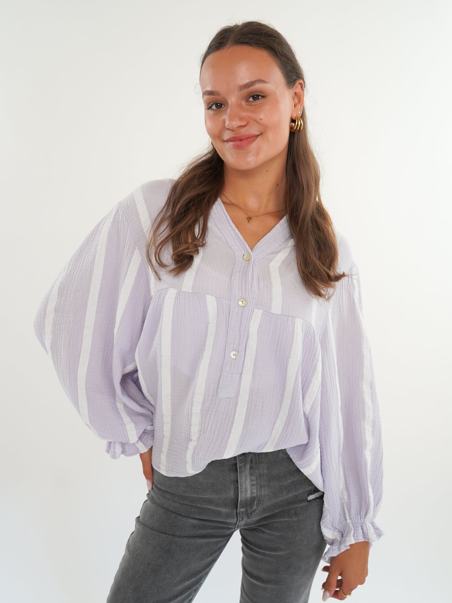 Musselinbluse Luna Wide Stripes - Flieder/Weiß