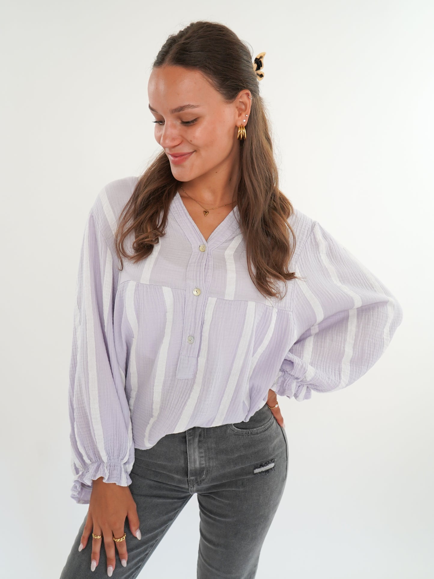 Musselinbluse Luna Wide Stripes - Flieder/Weiß