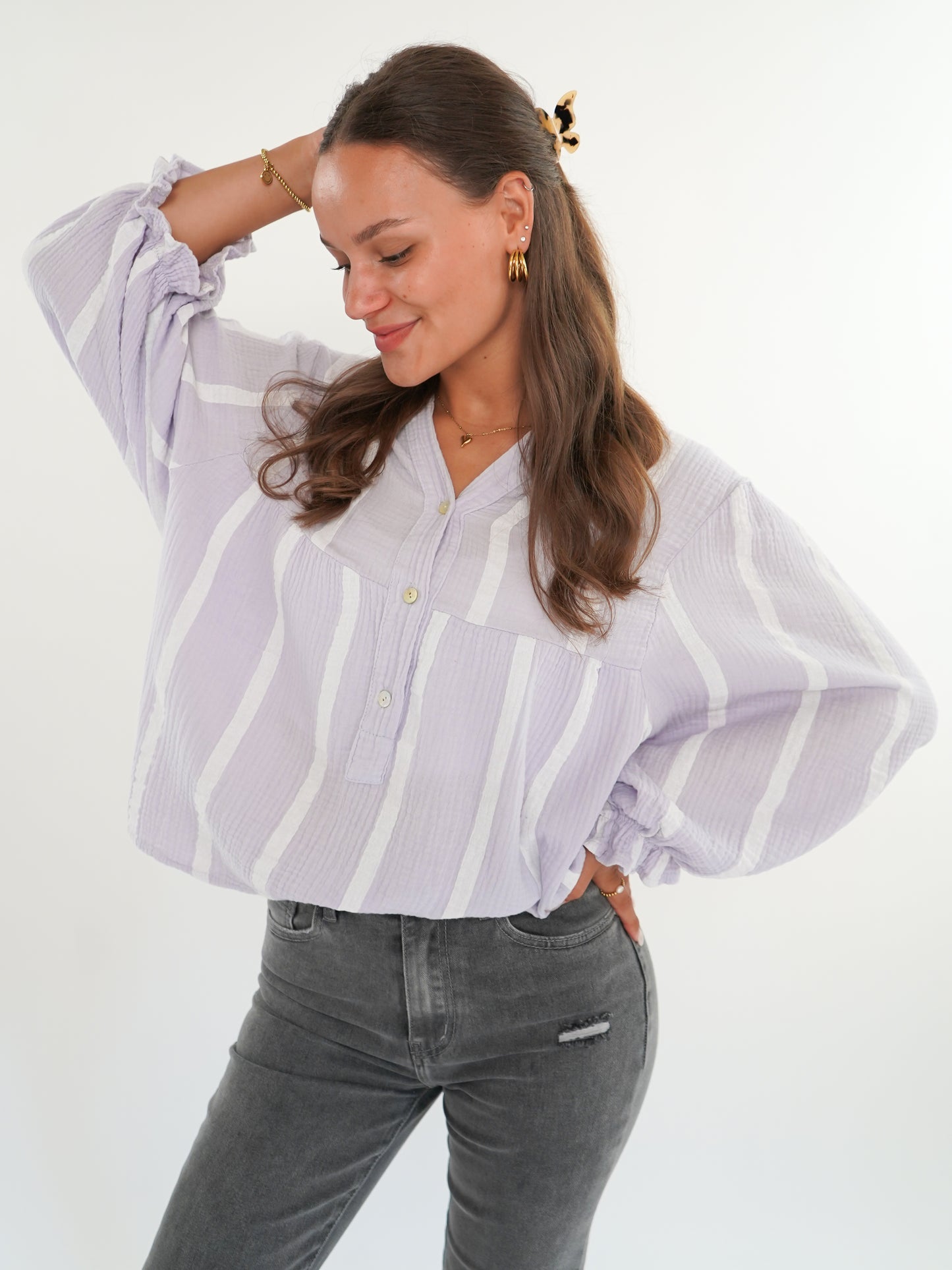 Musselinbluse Luna Wide Stripes - Flieder/Weiß