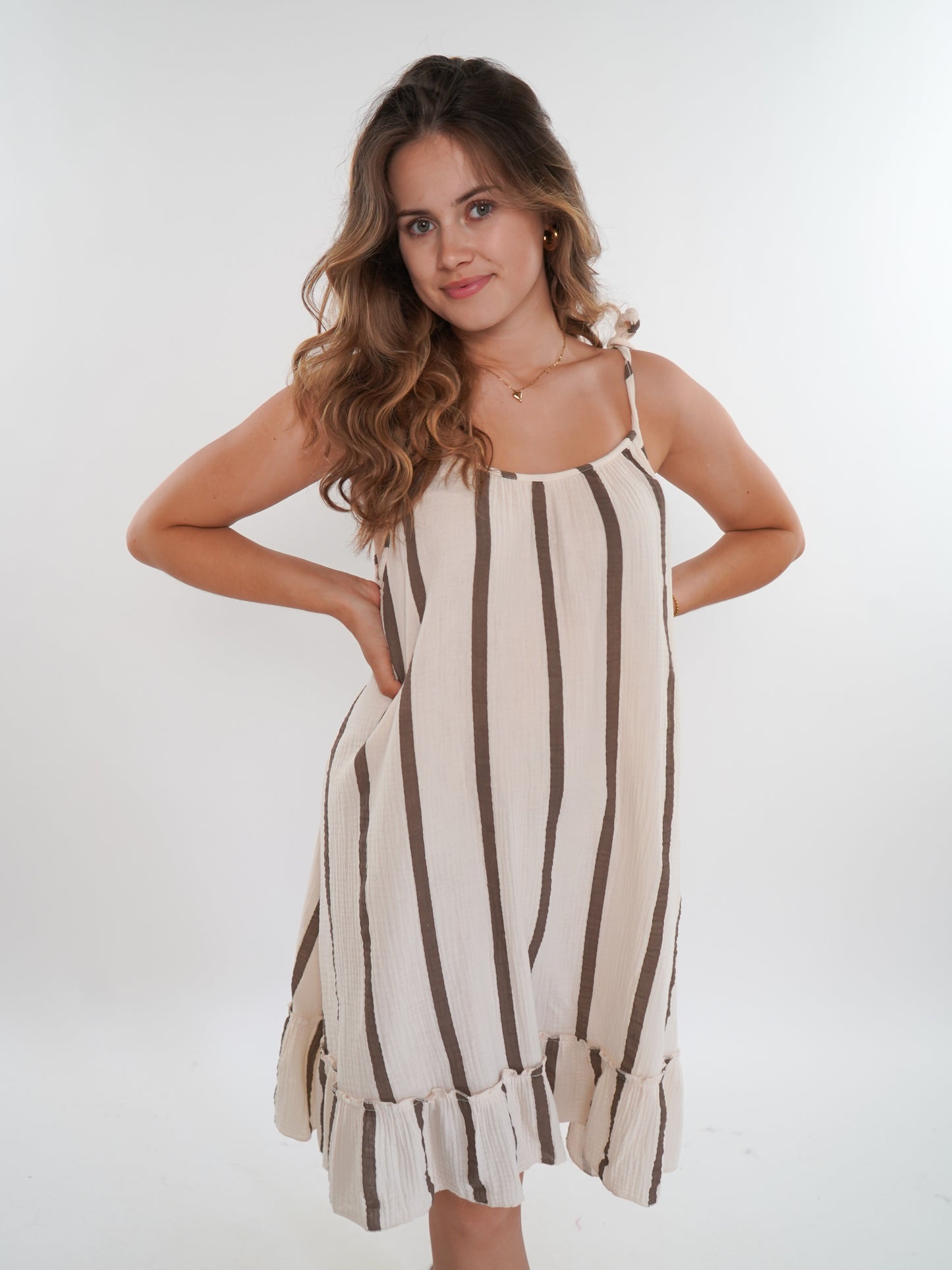 Musselin Trägerkleid Wide Stripes - Creme/Braun