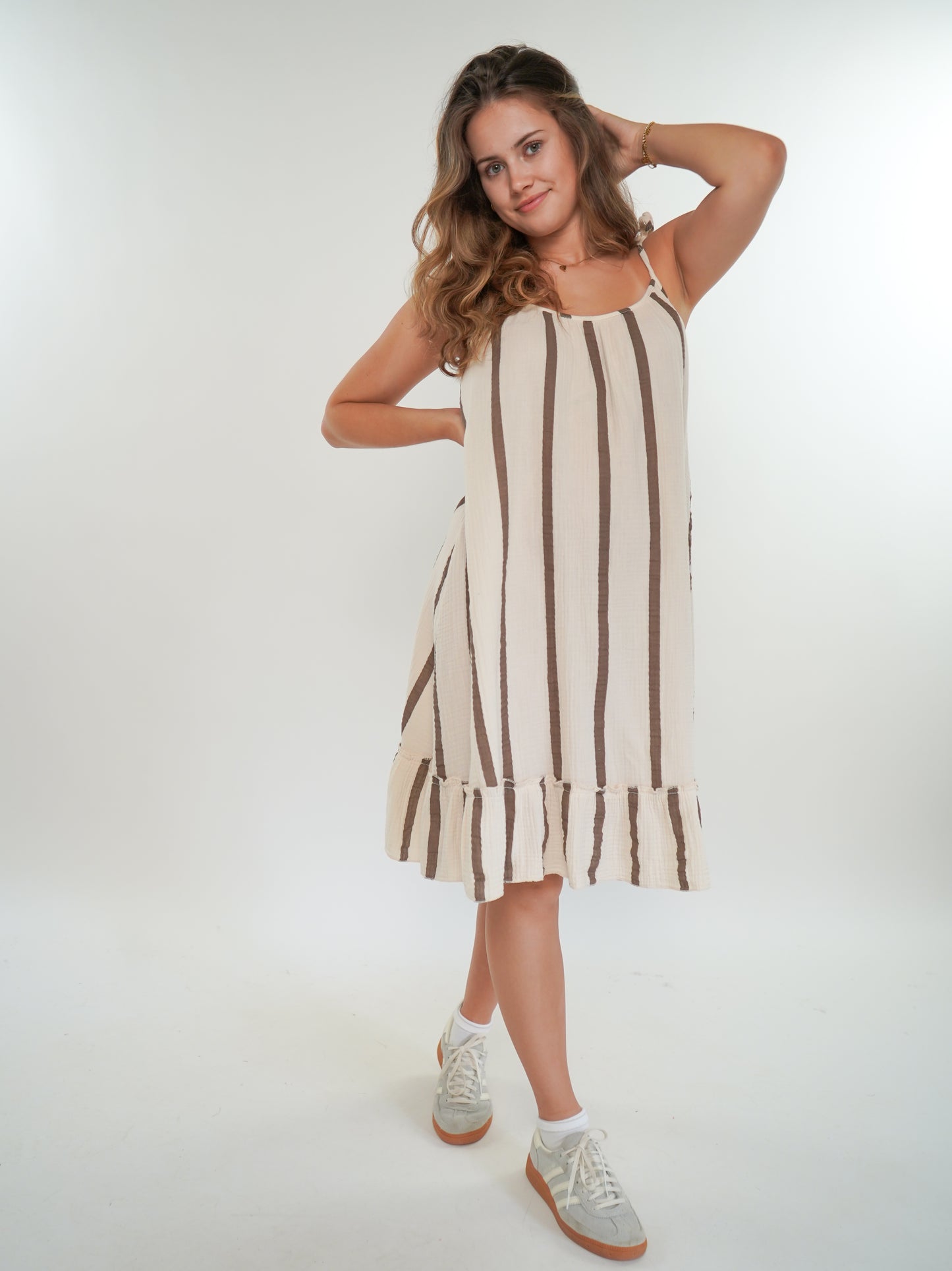 Musselin Trägerkleid Wide Stripes - Creme/Braun