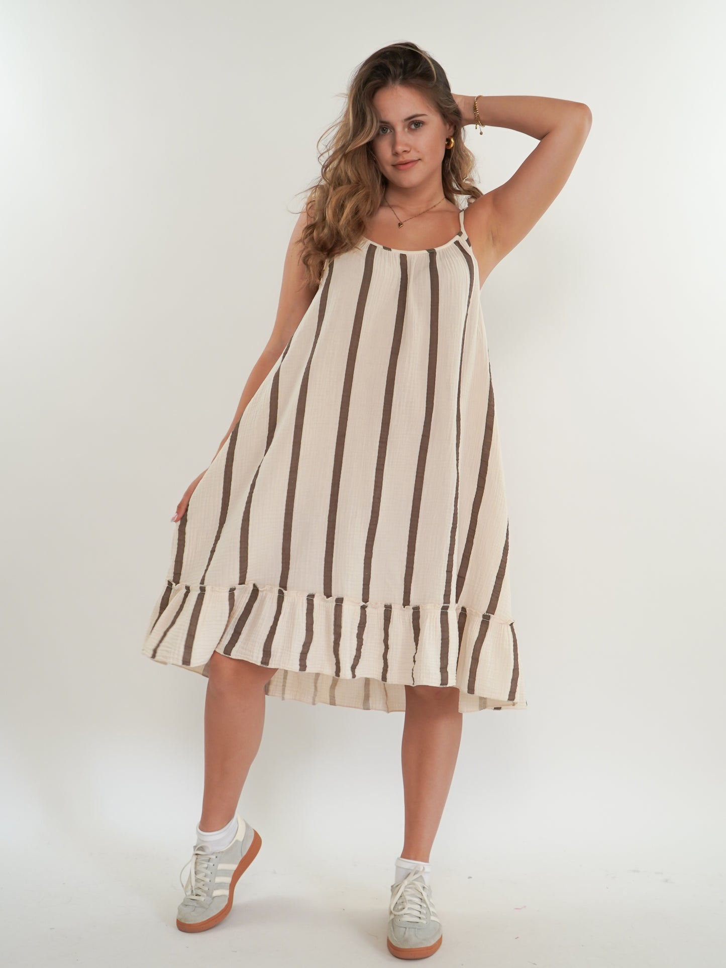 Musselin Trägerkleid Wide Stripes - Creme/Braun