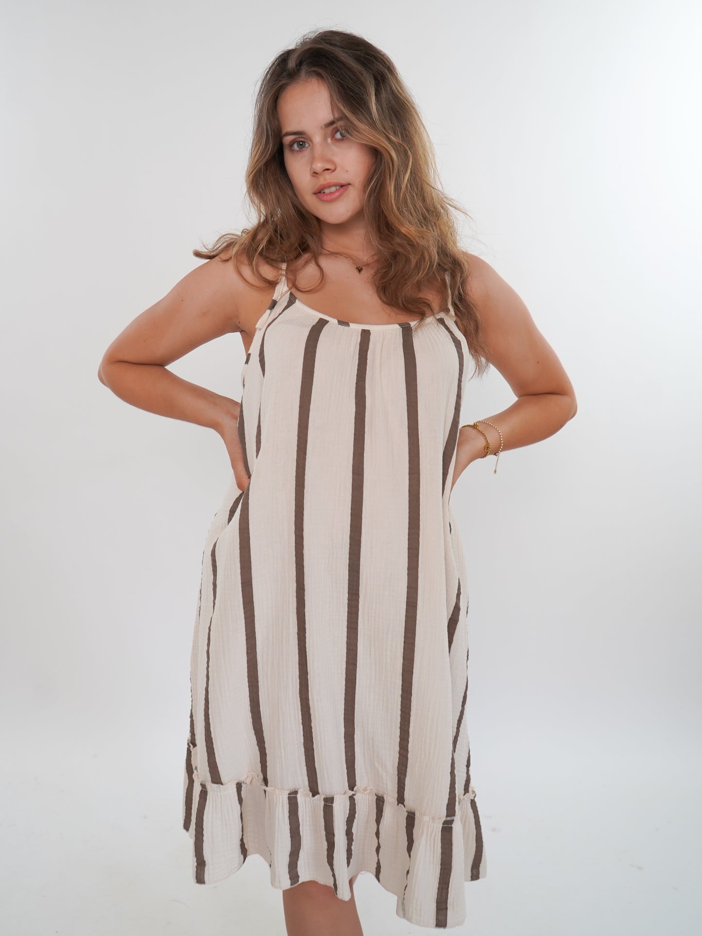 Musselin Trägerkleid Wide Stripes - Creme/Braun