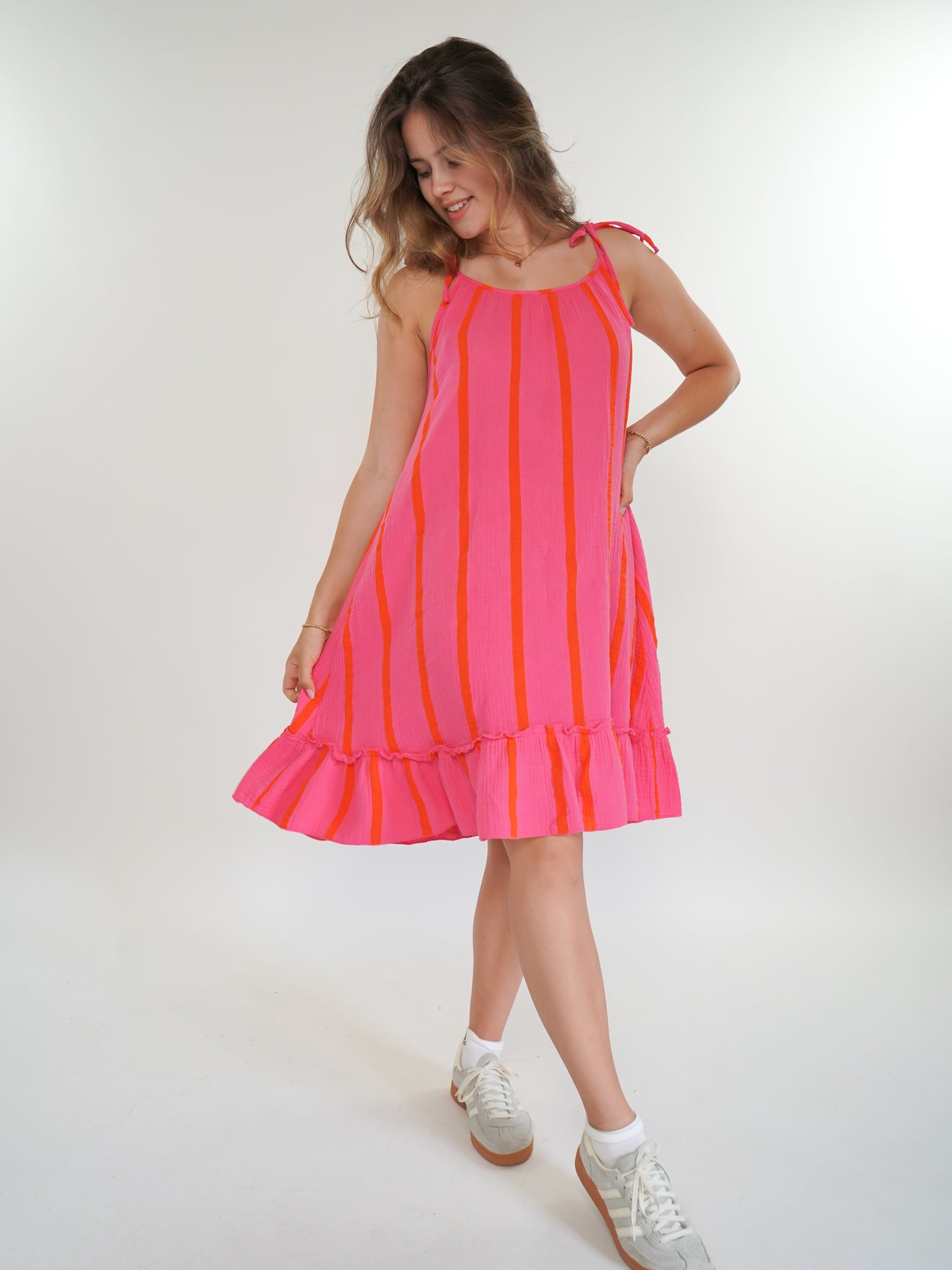 Musselin Trägerkleid Wide Stripes - Pink/Orange