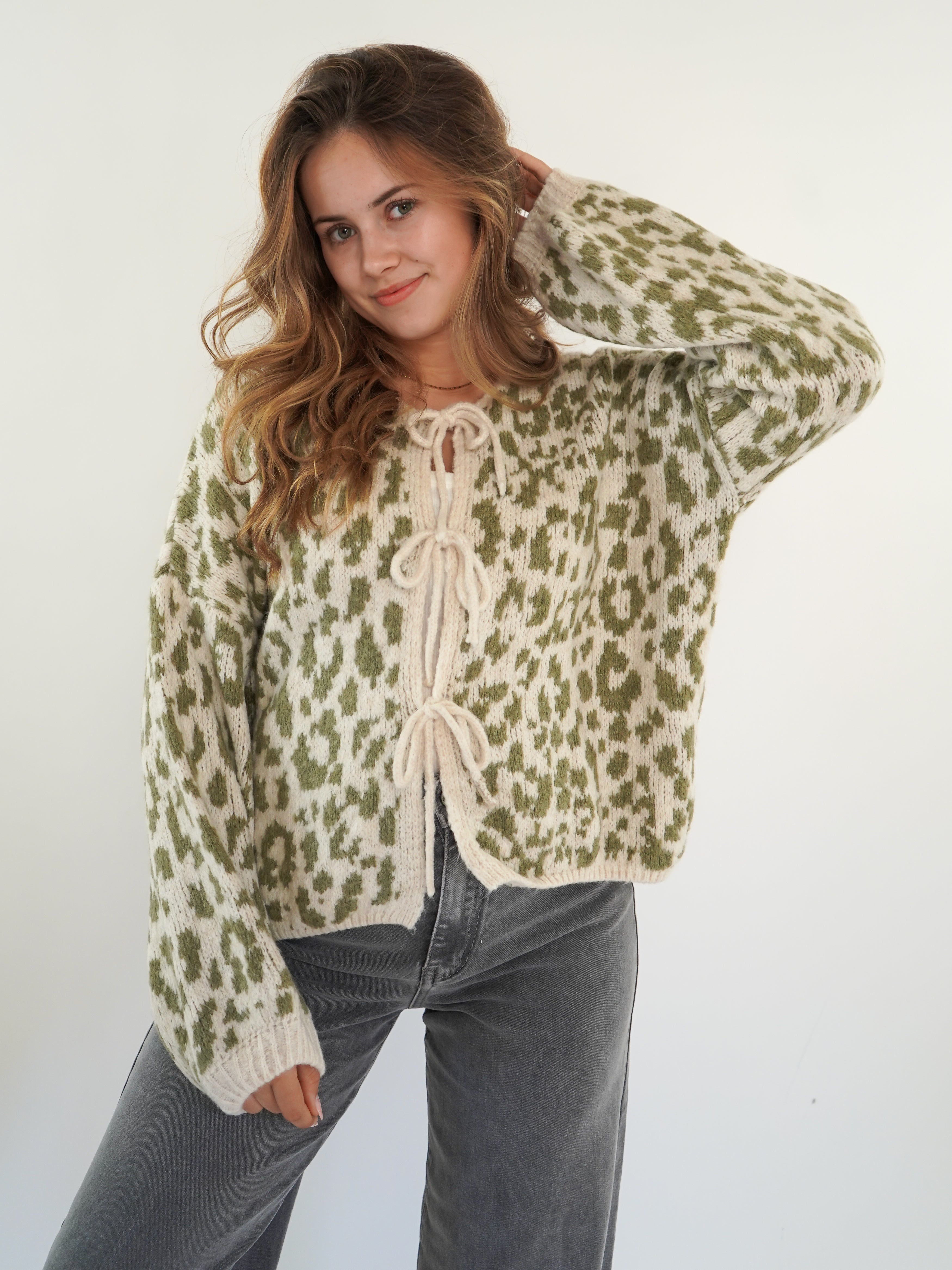 Knit Cardigan Leo Triple Bow - Khaki/Beige – Annisview