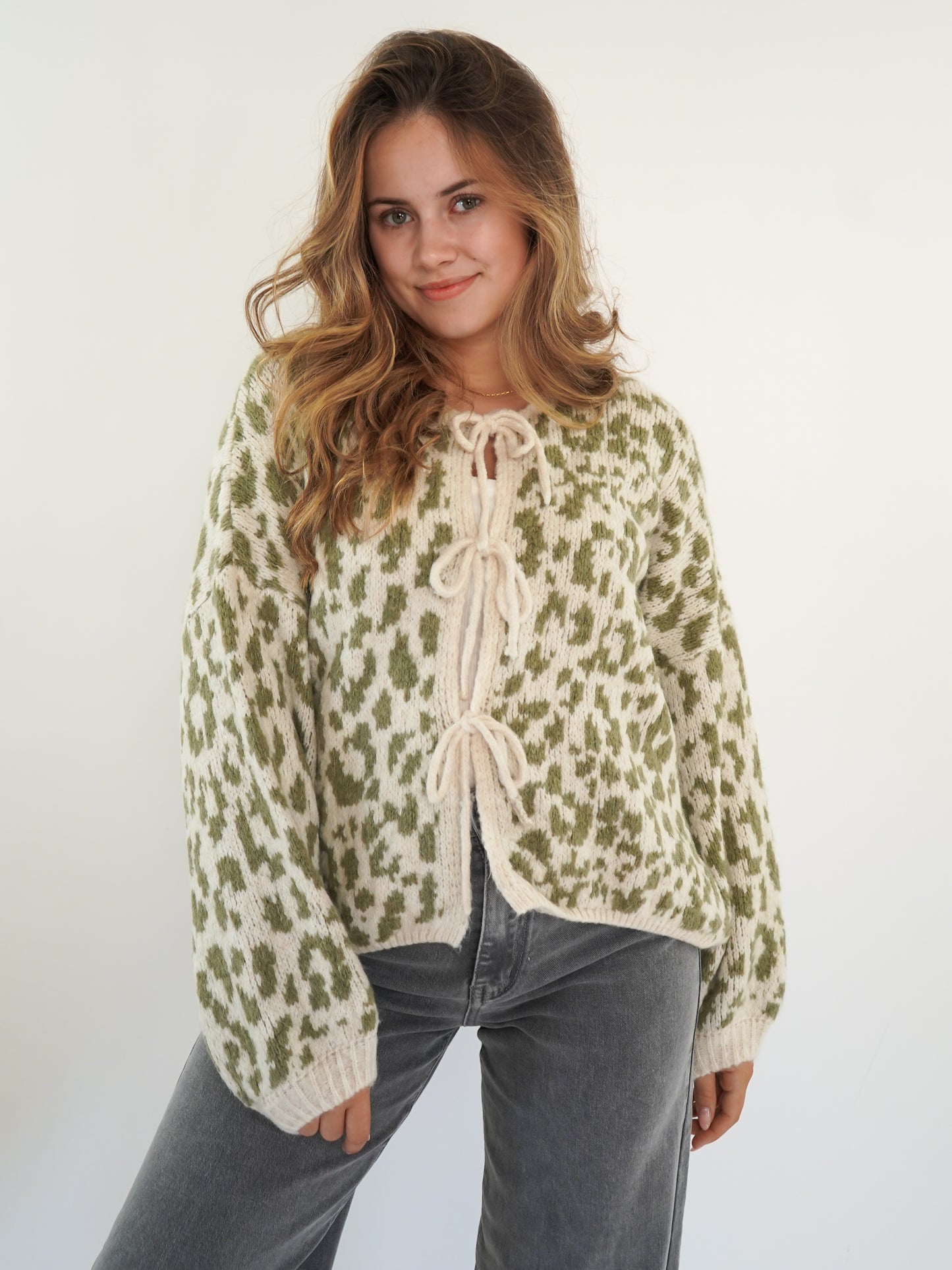 Knit Cardigan Leo Triple Bow - Khaki/Beige