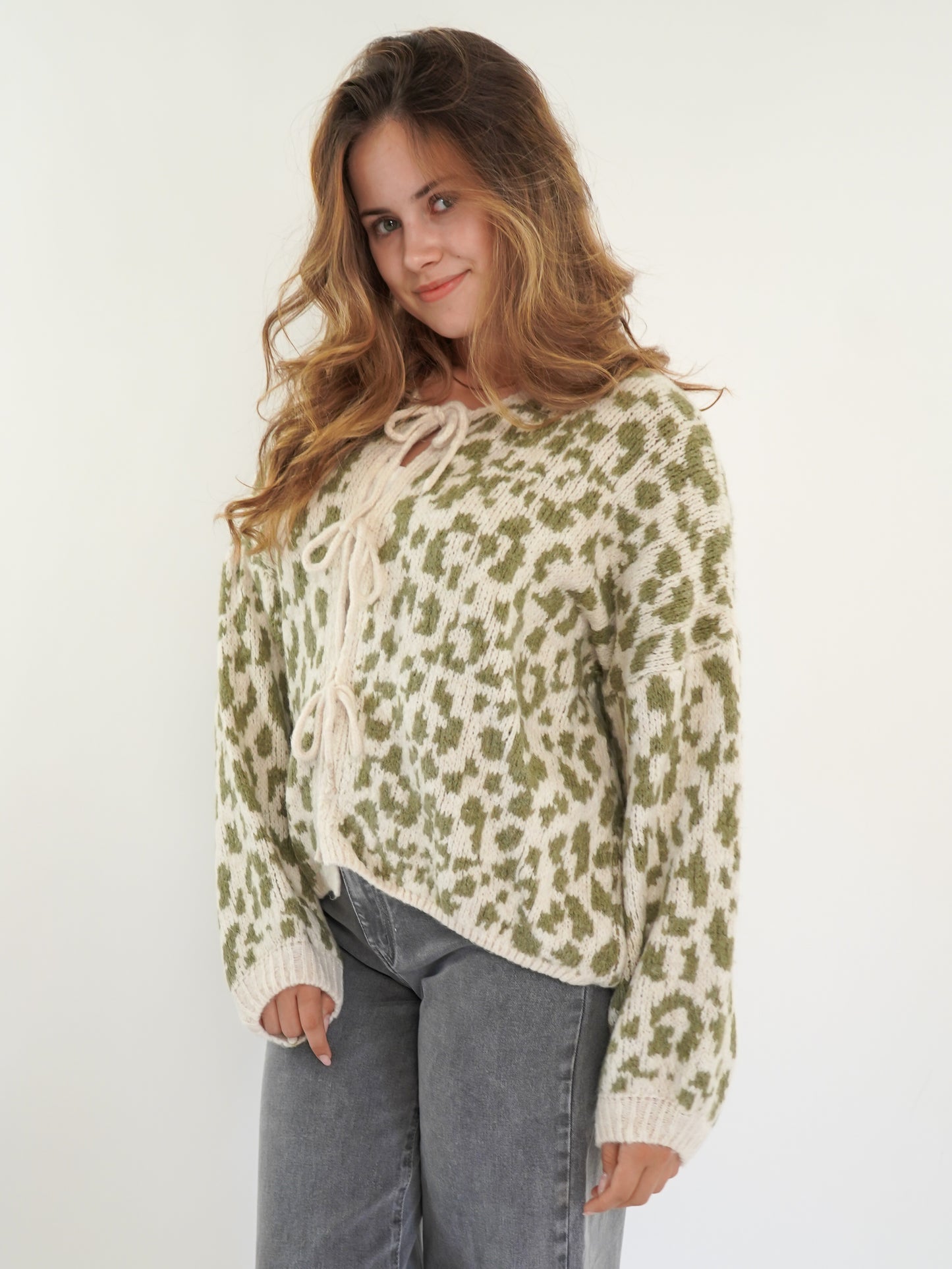 Knit Cardigan Leo Triple Bow - Khaki/Beige