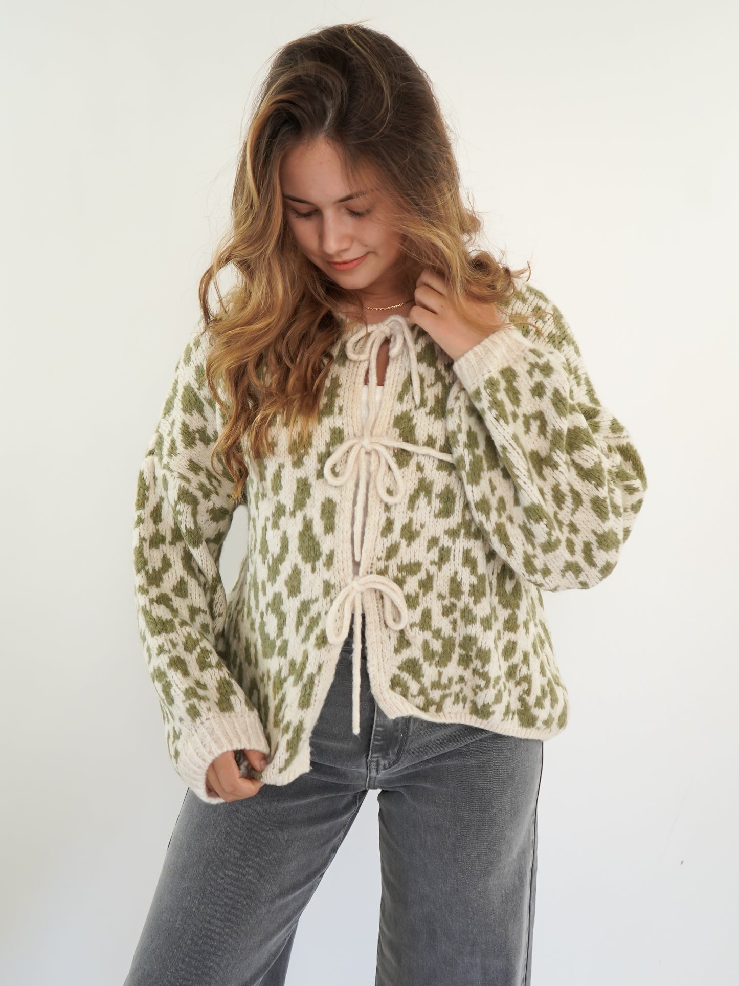 Knit Cardigan Leo Triple Bow - Khaki/Beige