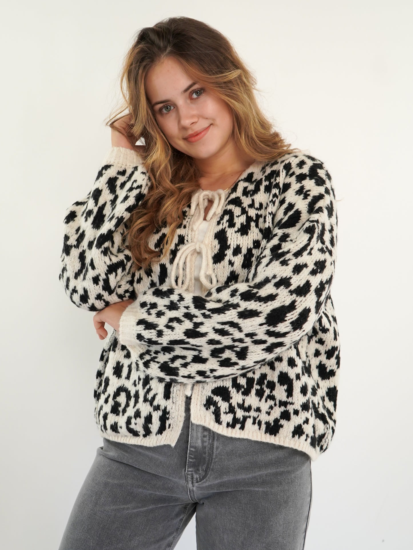 Knit Cardigan Leo Triple Bow - Beige/Schwarz