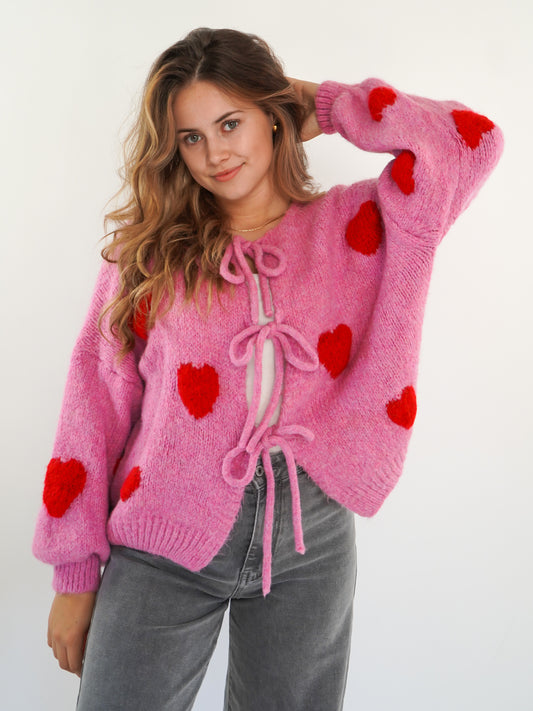 Heart Knit Bow Jacket Pink