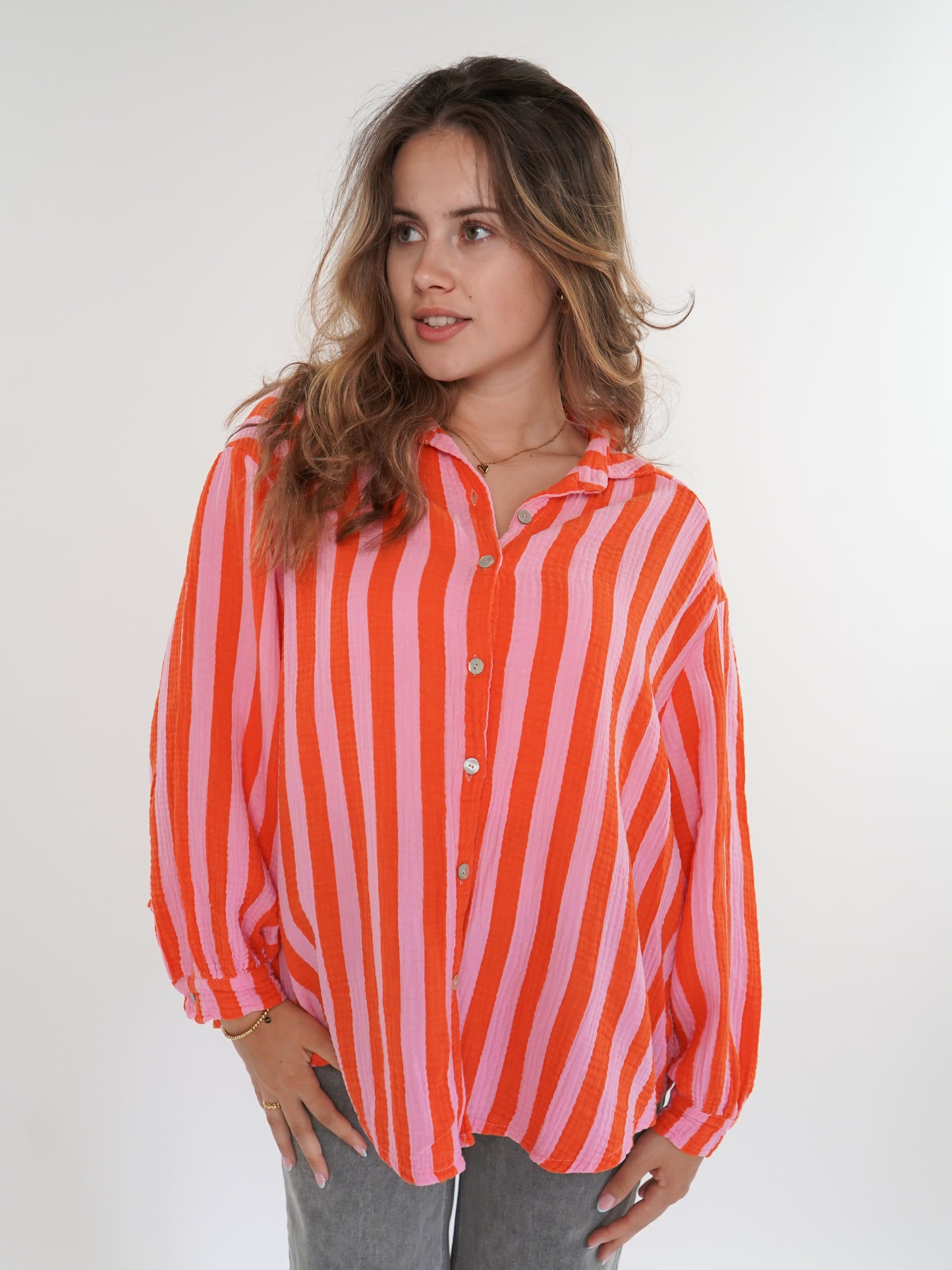 Musselinbluse Bold Stripes kurz - Rosa/Orange