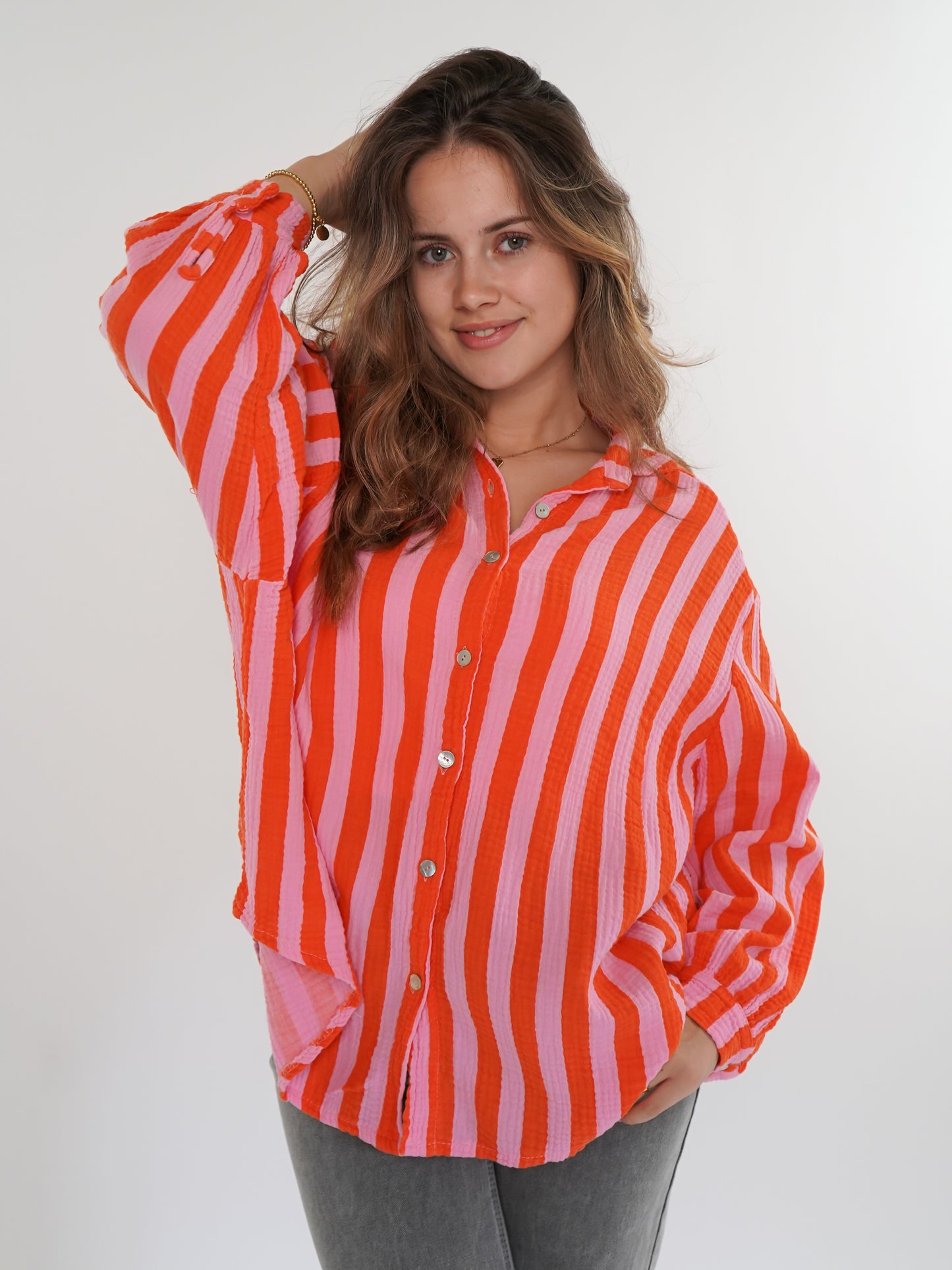 Musselinbluse Bold Stripes kurz - Rosa/Orange