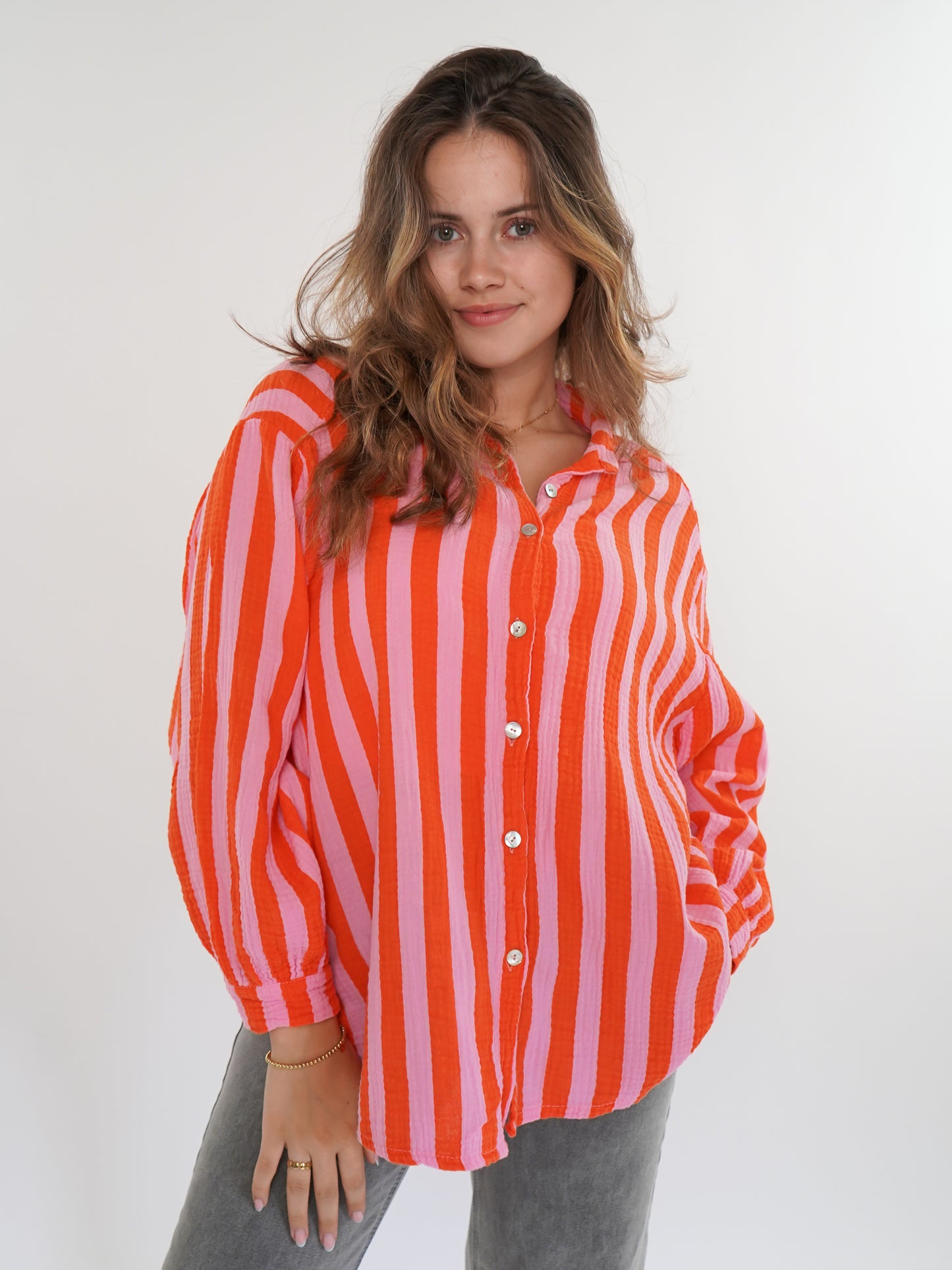 Musselinbluse Bold Stripes kurz - Rosa/Orange