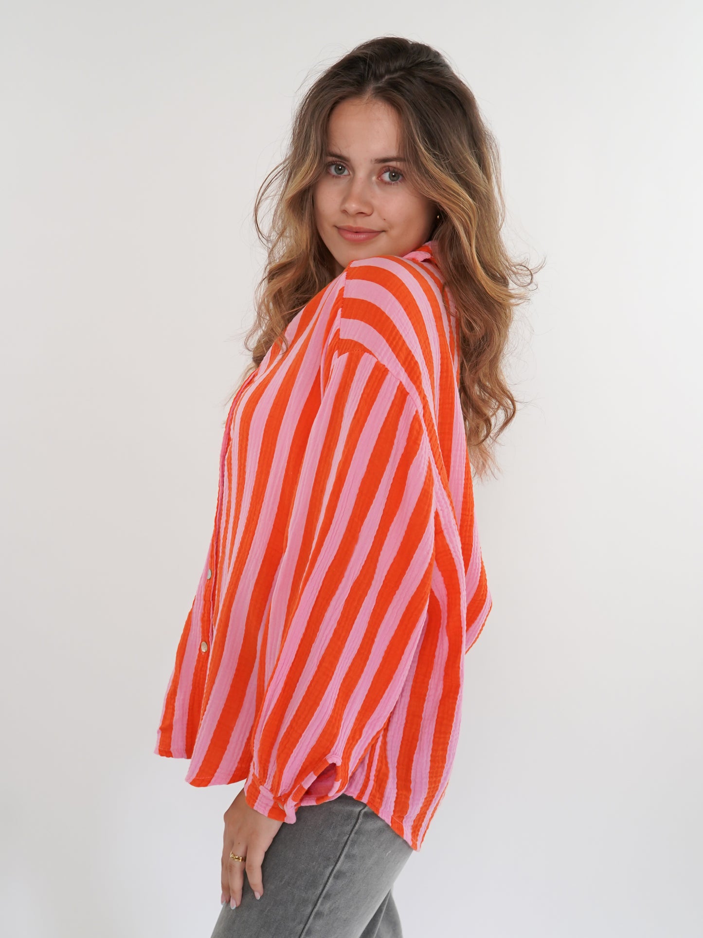 Musselinbluse Bold Stripes kurz - Rosa/Orange