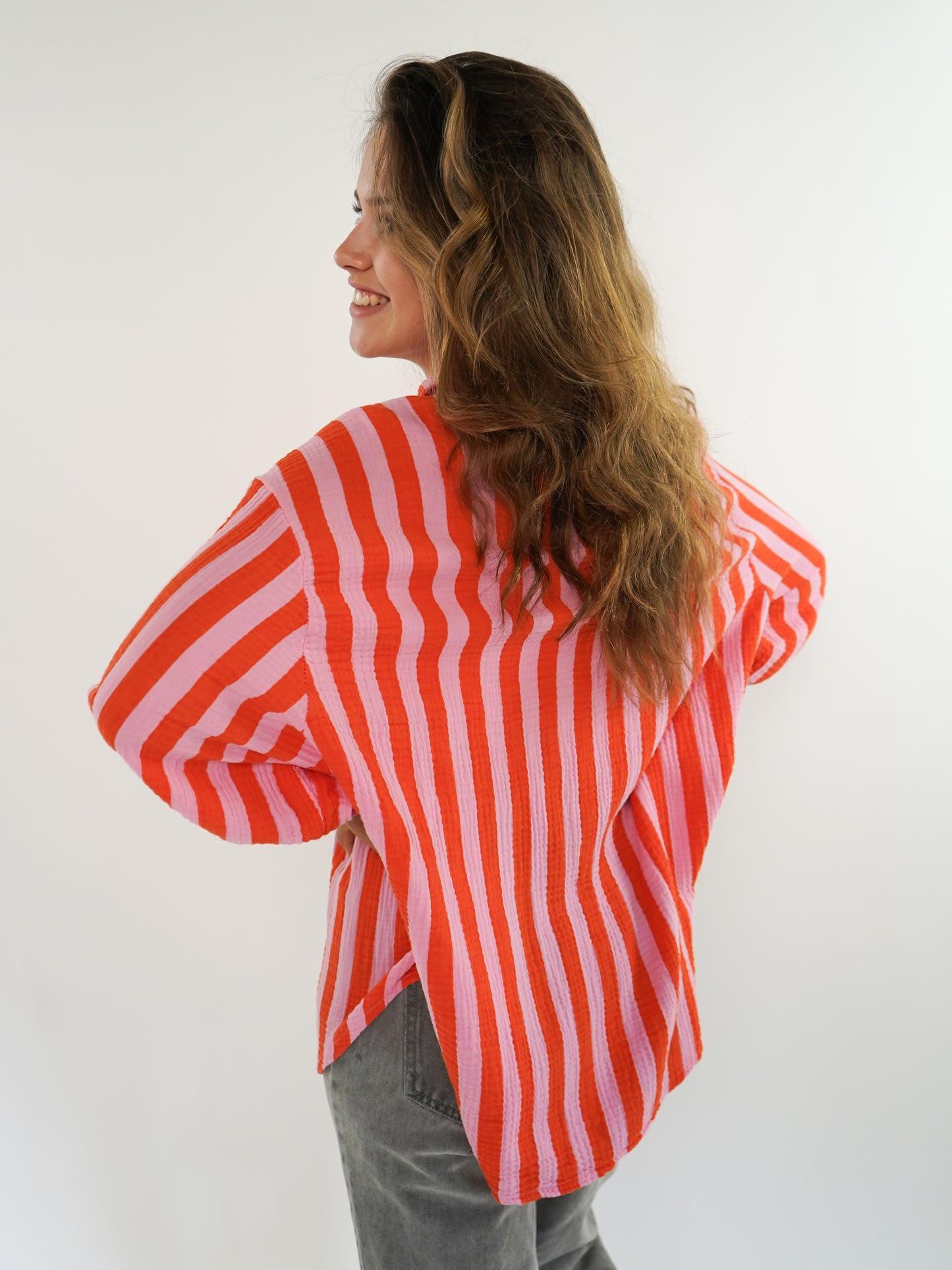 Musselinbluse Bold Stripes kurz - Rosa/Orange