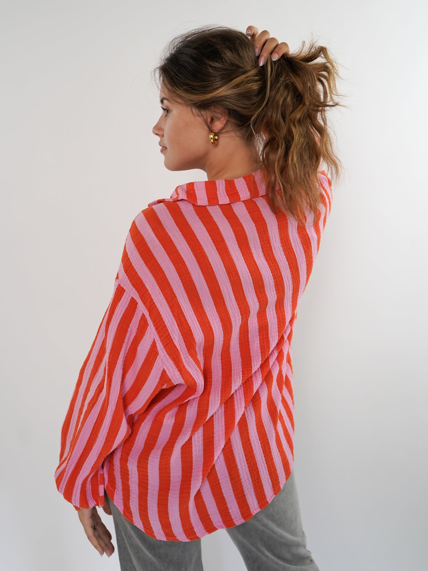 Musselinbluse Bold Stripes kurz - Rosa/Orange