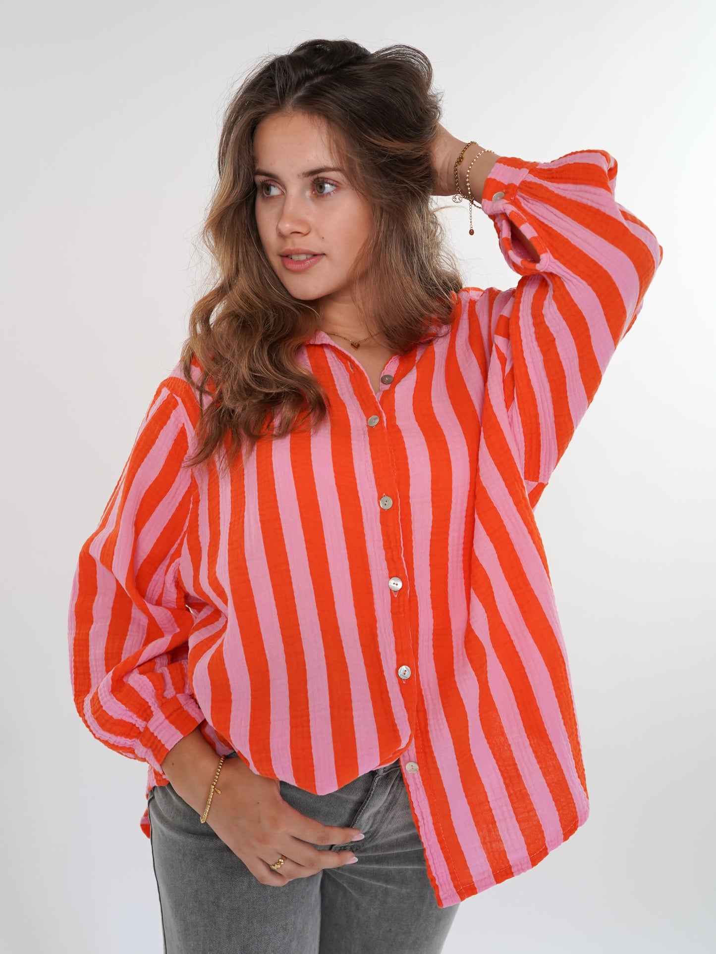 Musselinbluse Bold Stripes kurz - Rosa/Orange