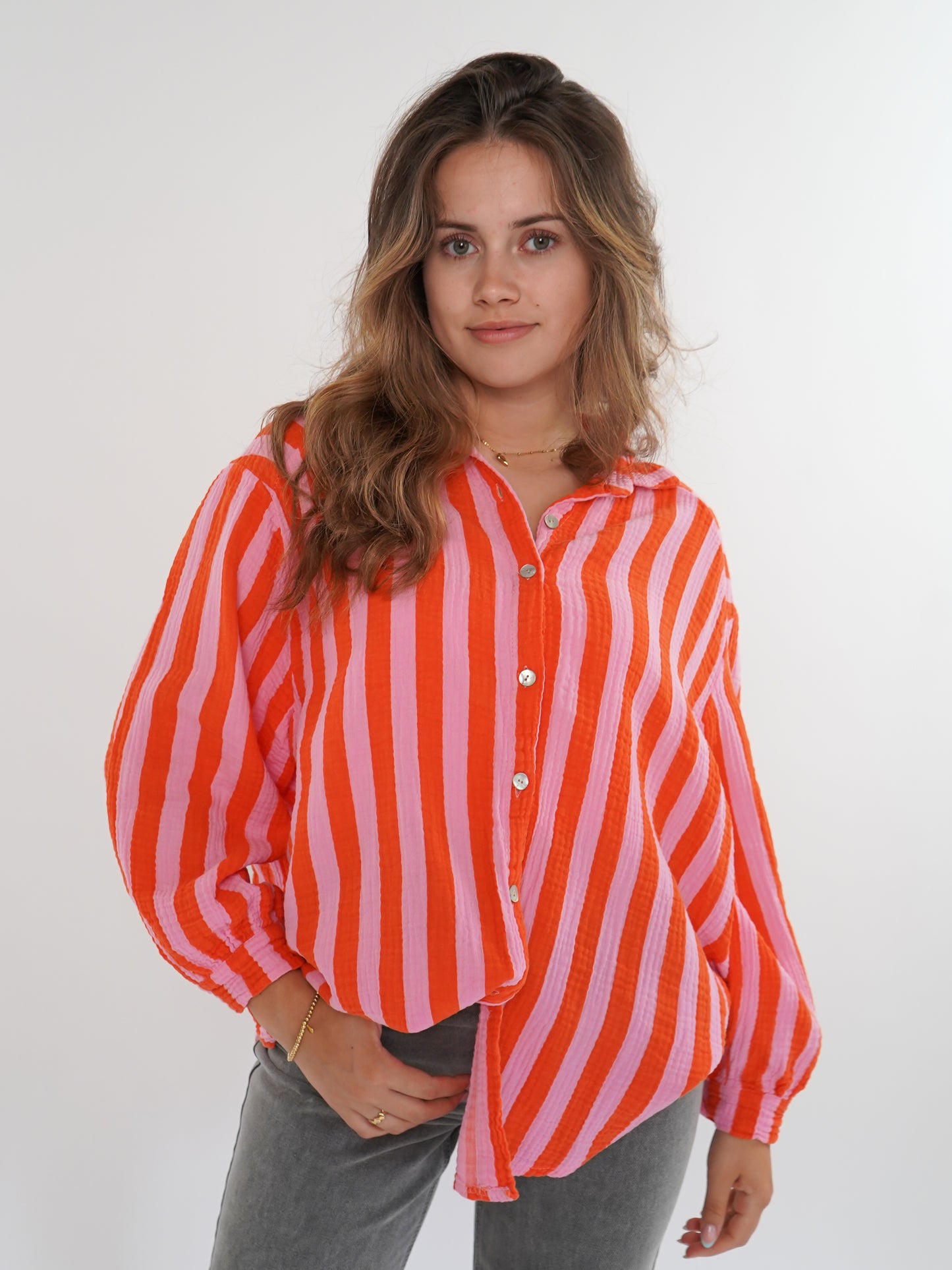 Musselinbluse Bold Stripes kurz - Rosa/Orange