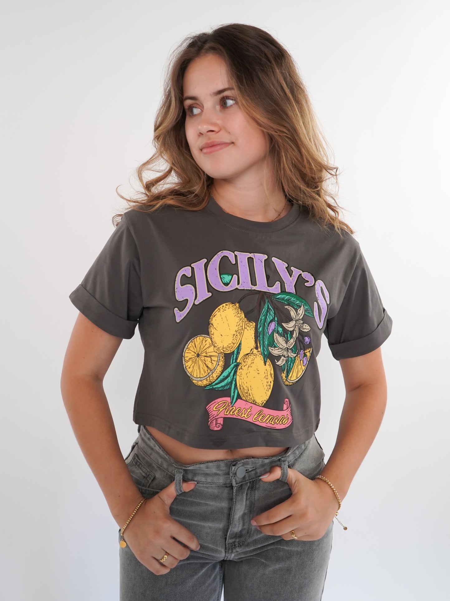 Sicily Lemon Cropped Tee - Dunkelgrau