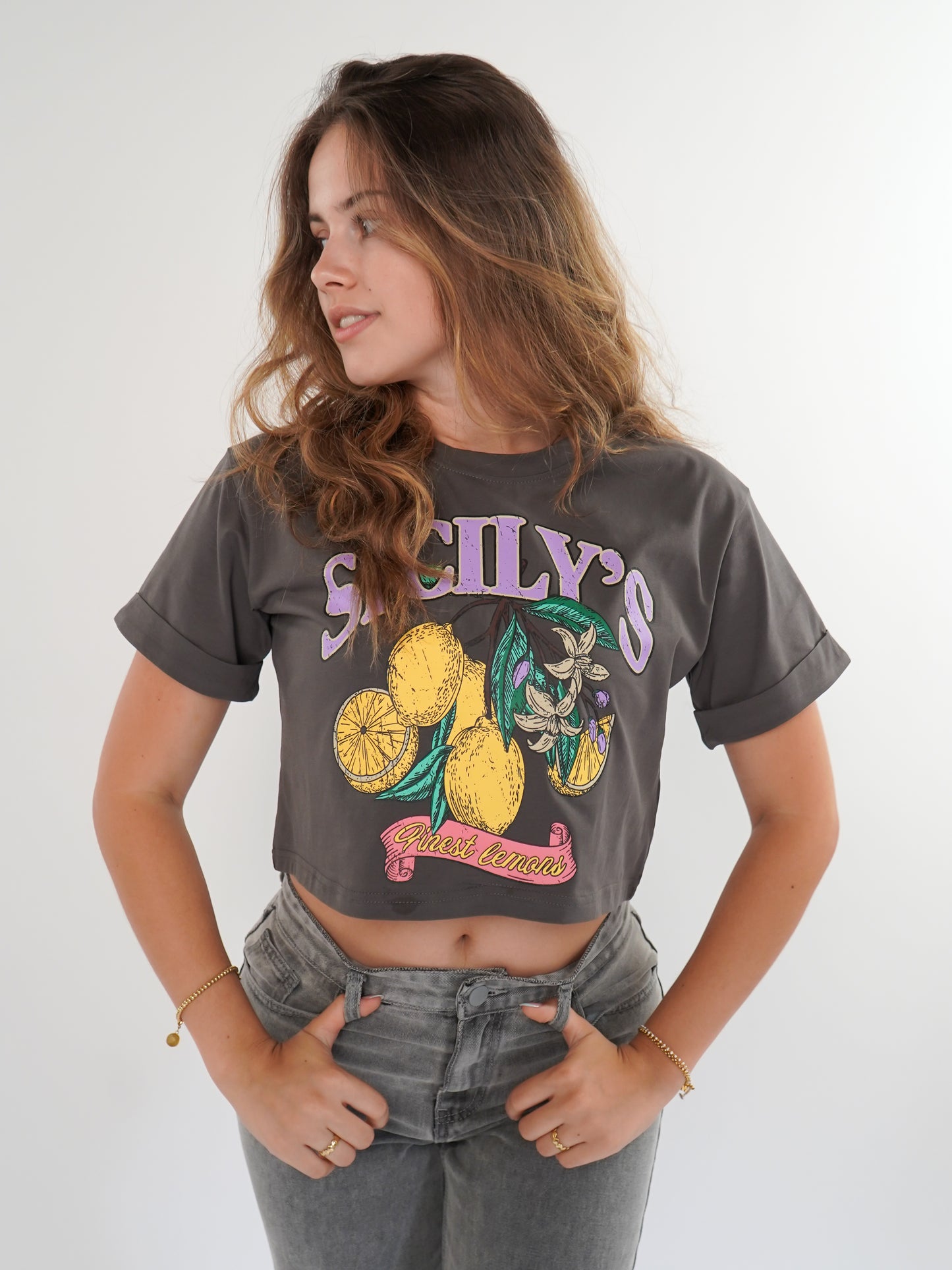 Sicily Lemon Cropped Tee - Dunkelgrau