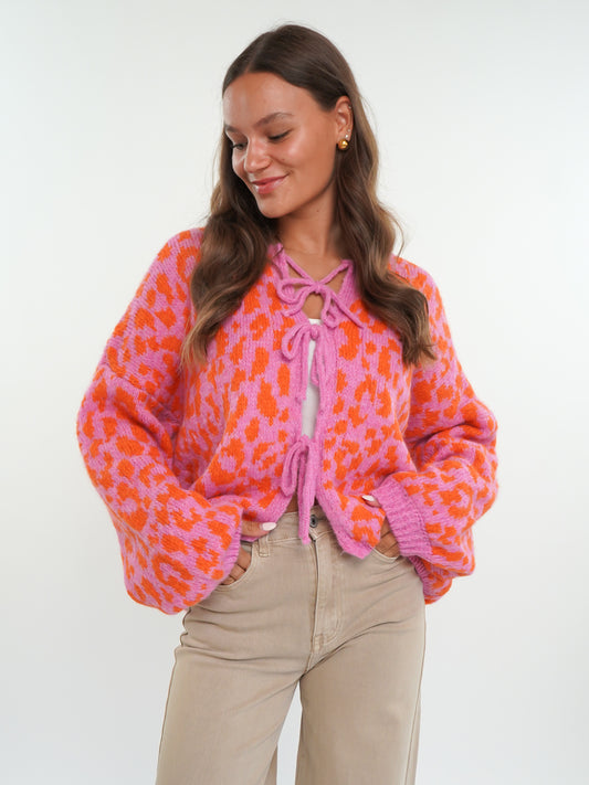 Knit Cardigan Leo Triple Bow - Pink/Orange