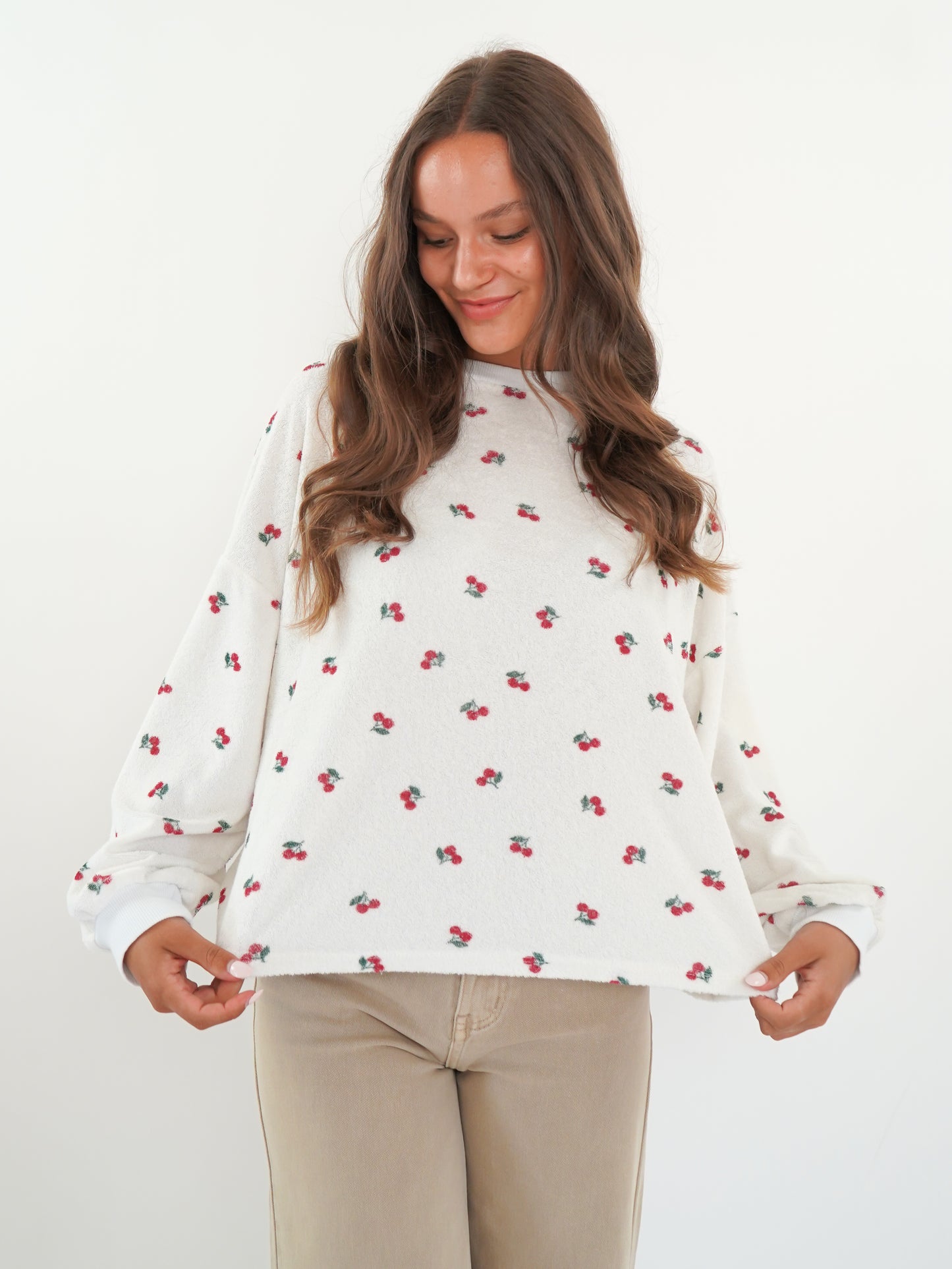 Frottee Sweater Cherry - Weiß