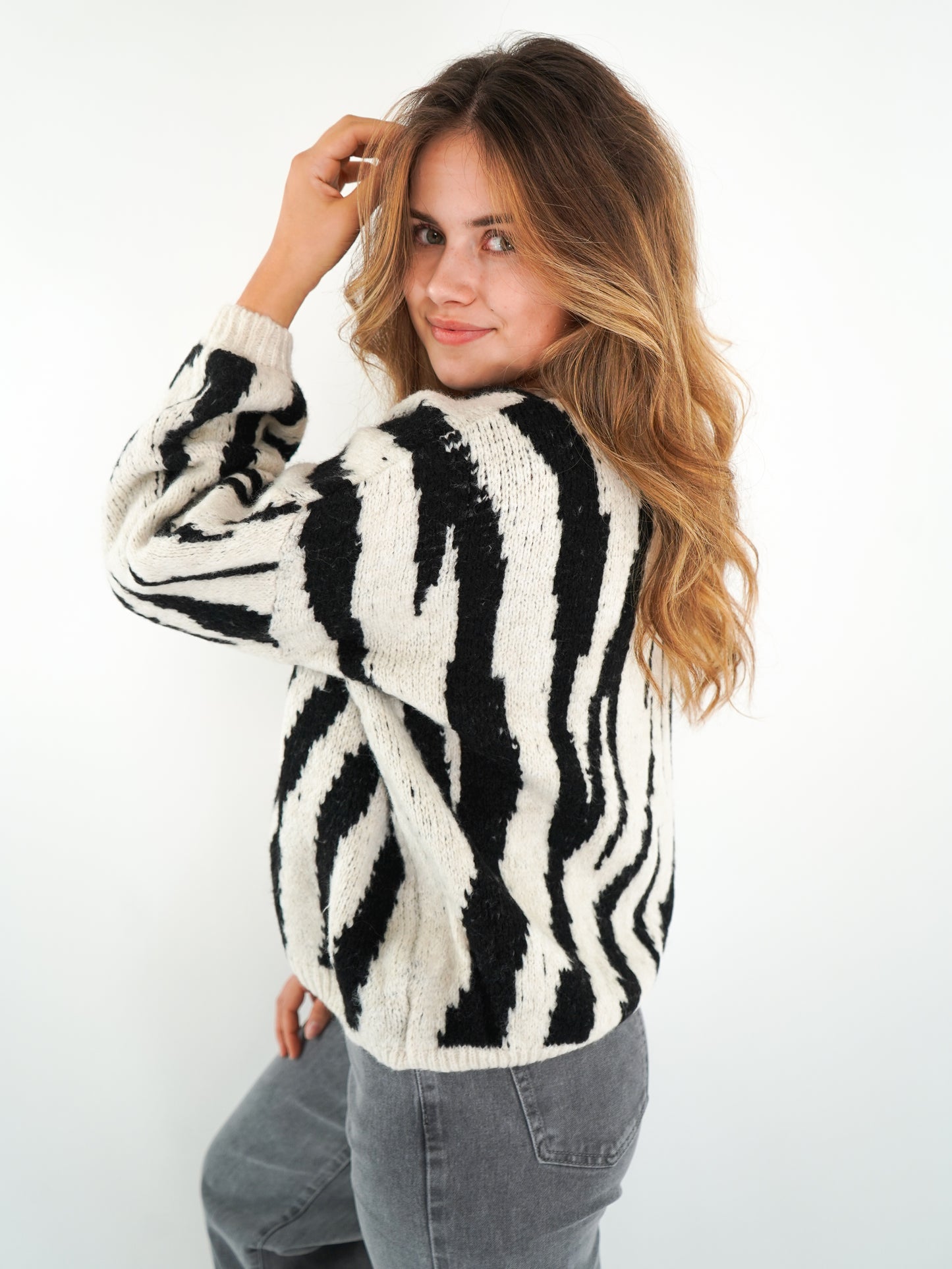 Zebra Strick Pullover - Schwarz mit Weiß