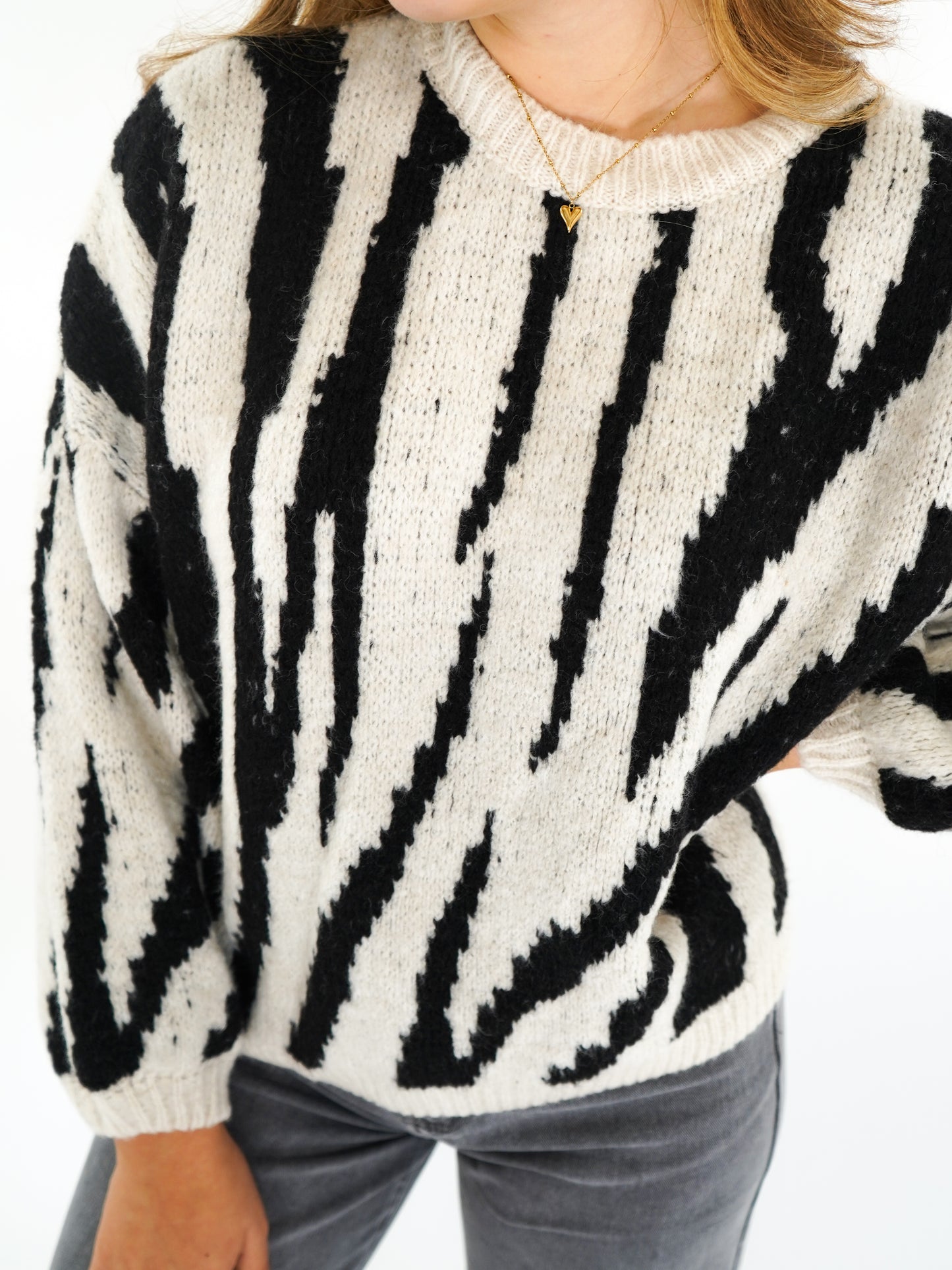 Zebra Strick Pullover - Schwarz mit Weiß