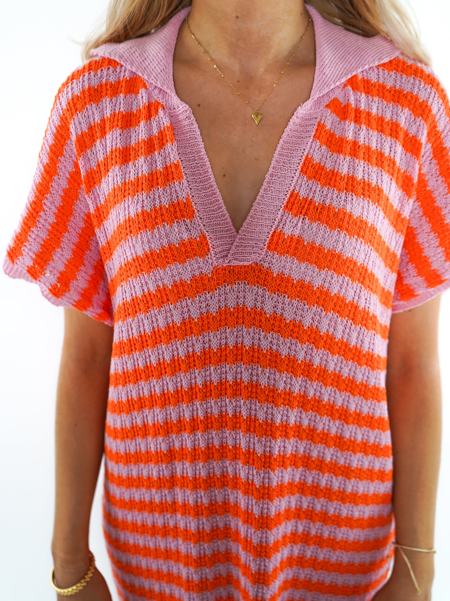 Sommer Strickkleid Casual Stripes - Orange / Rosa