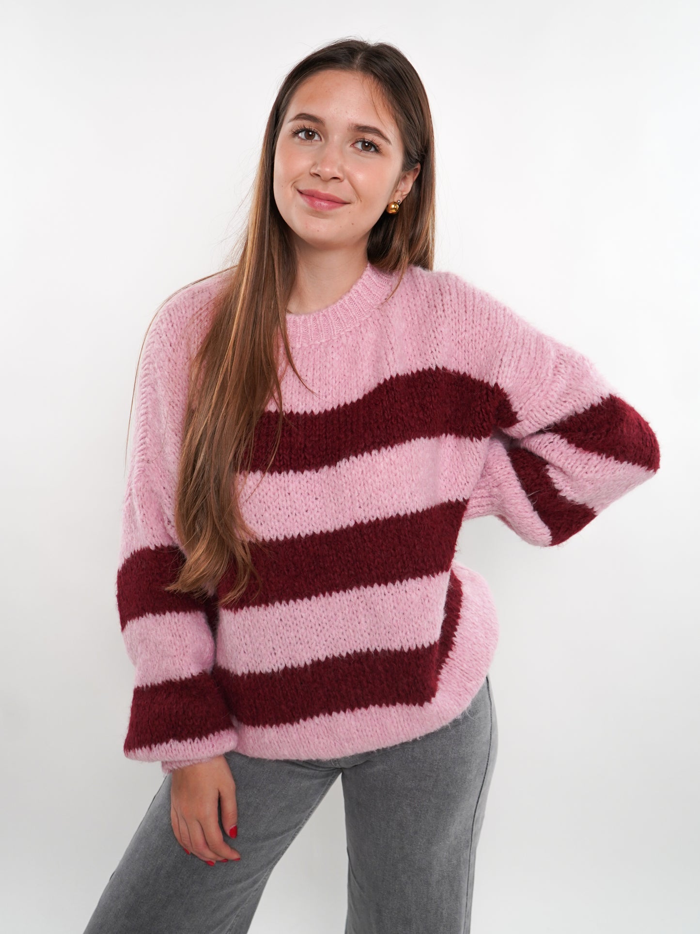 Strickpullover Meggi Stripes - Rosa/Dark Berry